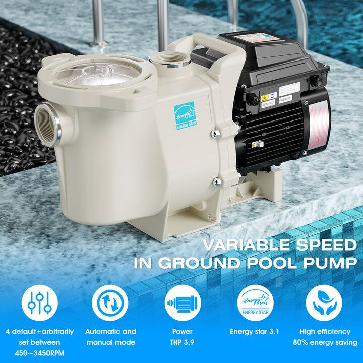 A.O. Star Emoy Variable Speed In Ground Pool Pump

- Energy Star
- 4 default+arbitrarily set between 450-3450RPM
- Automatic and manual mode
- Power THP 3.9
- Energy Star 3.1
- High efficiency
- 80% energy saving