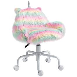 Homcom - Fluffy Unicorn Office Chair with Mid-Back, Armrests, Swivel Base - Multicolored
