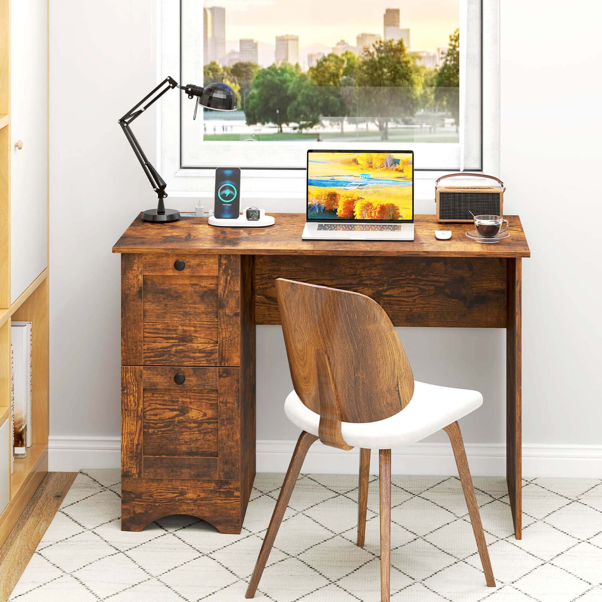 Left. Costway - Costway 43" Home Office Desk Compact Study Writing Desk with 2 Drawers Charging Station Brown - Brown.