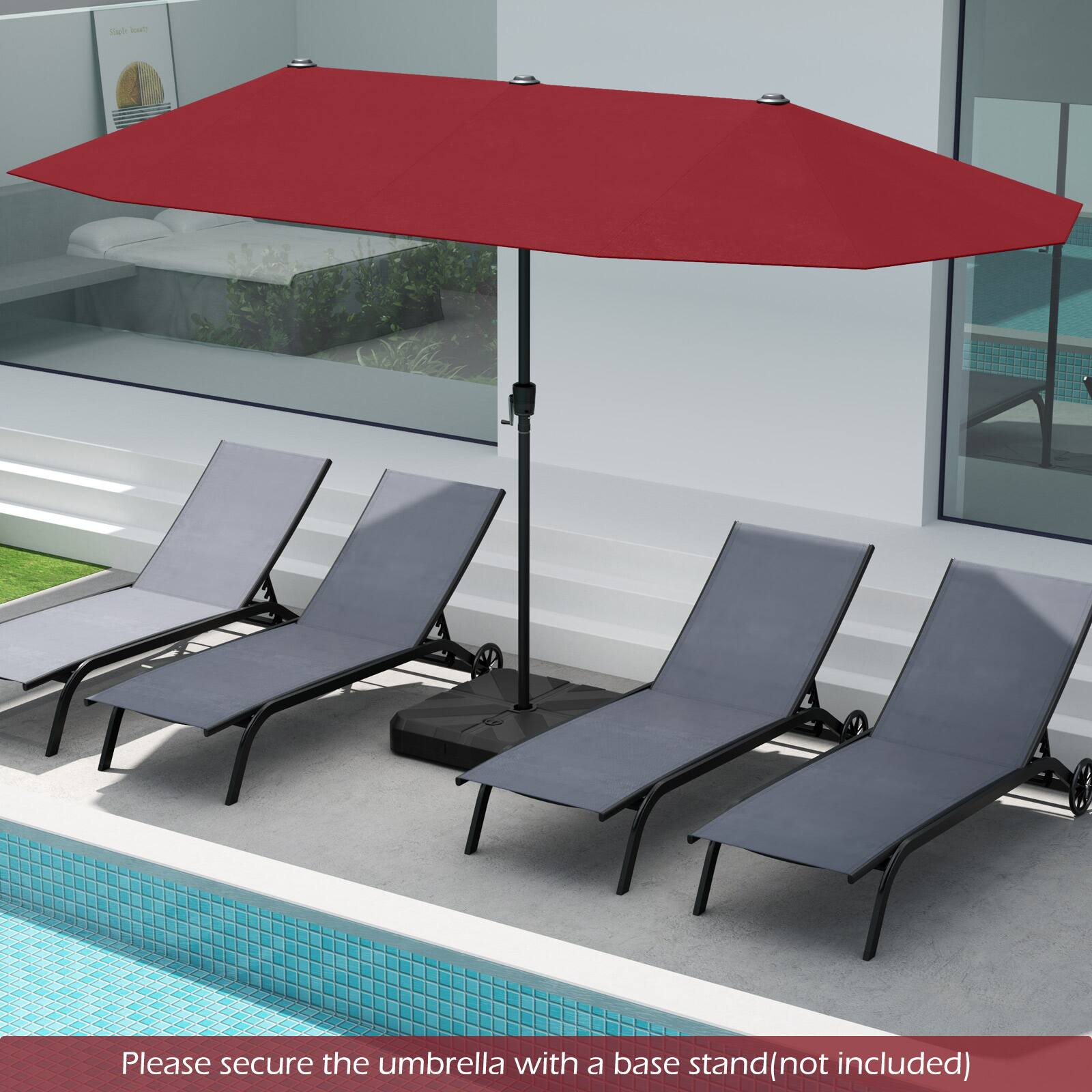 Please secure the umbrella with a base stand (not included)