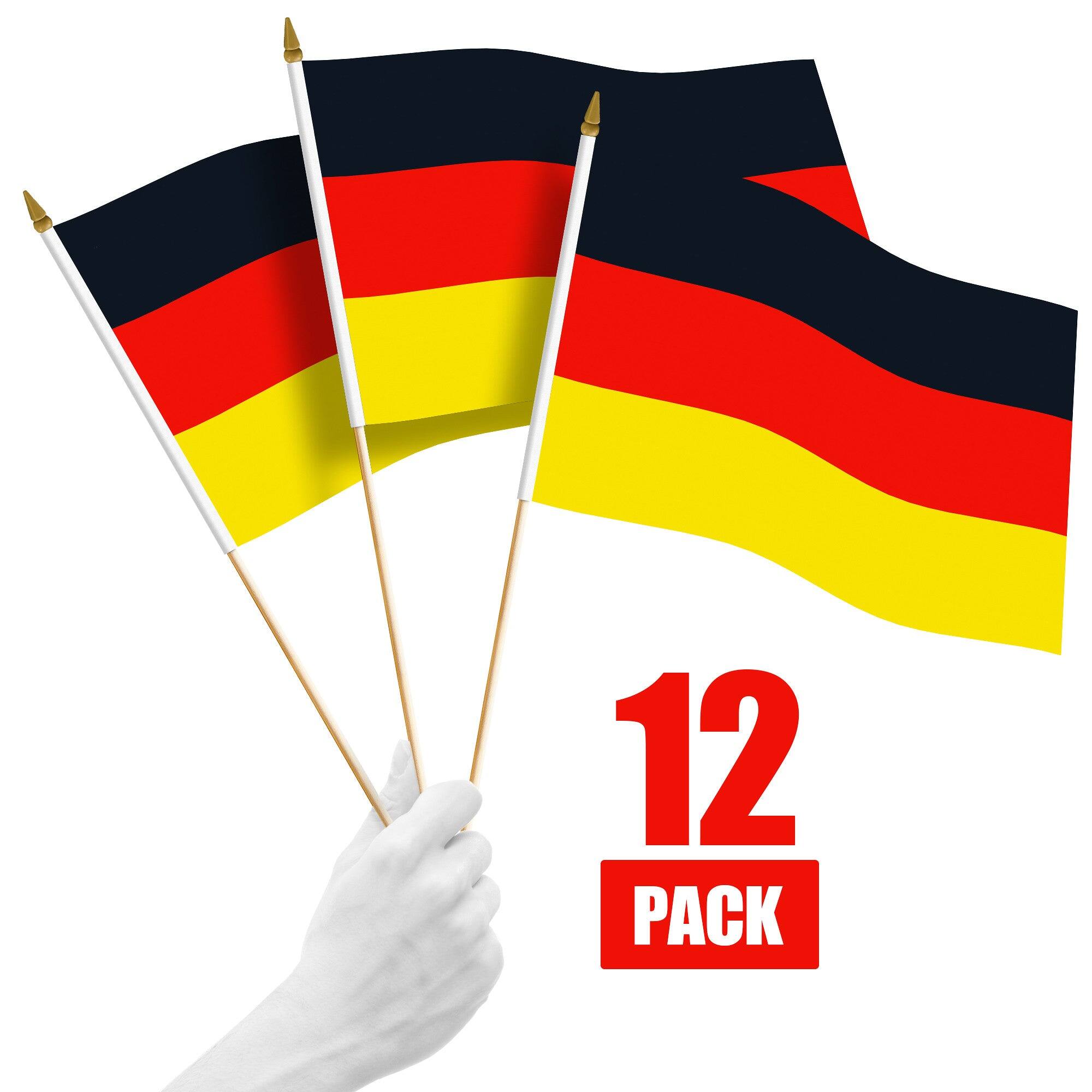 G128 - 12 Pack Handheld Germany Stick Flags, 12 x 18 in, 150D Polyester with Wooden Stick and Gold Spear Tip - Assorted Colors