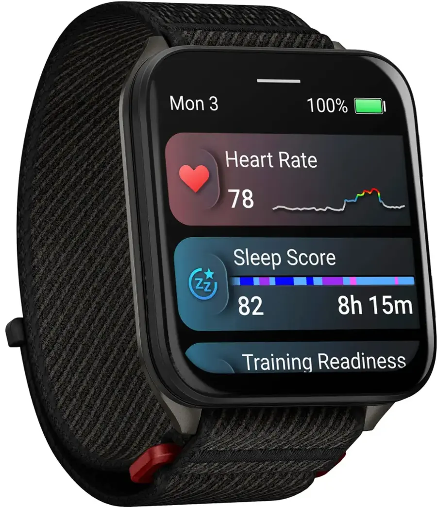 The text on the image reads: "Mon 3 100% Heart Rate 78 Zz Z Sleep Score 82 8h 15m Training Readiness."