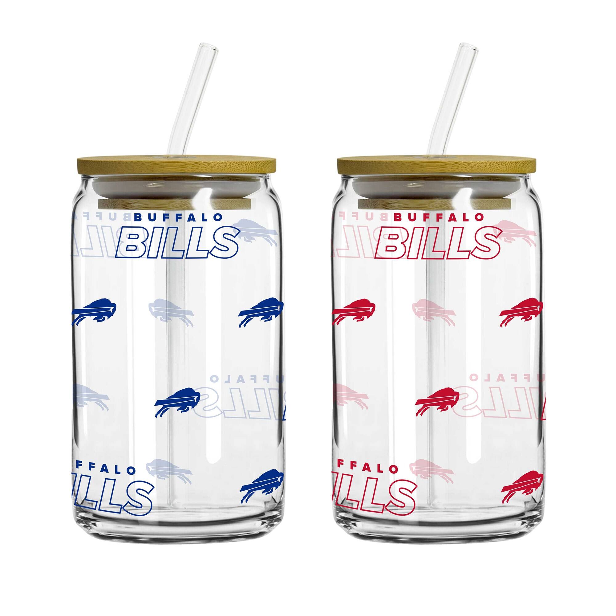 Logo Brands - Buffalo Bills 16oz. Step And Repeat Glass Can with Lid & Straw 2-Pack - Multicolor
