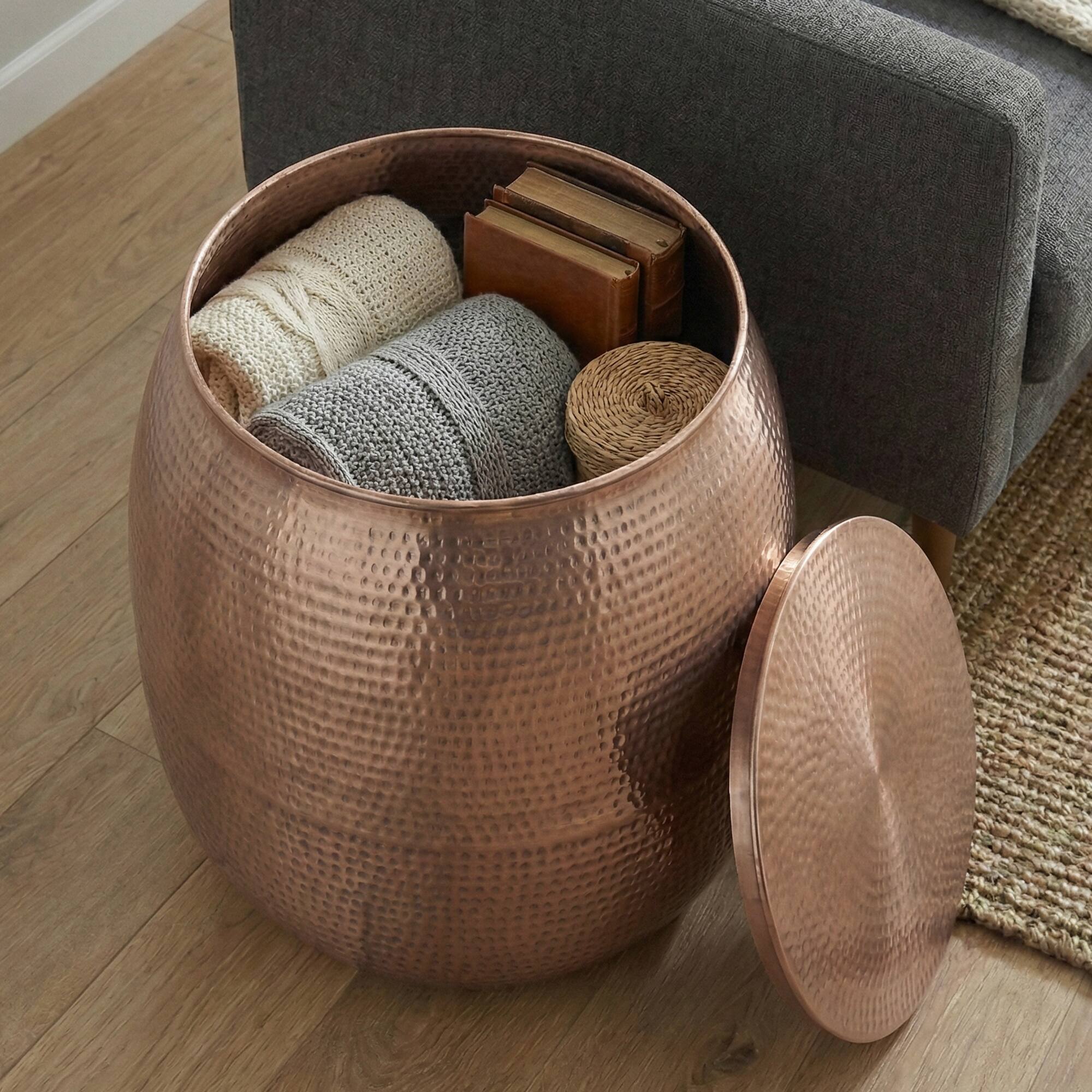 Angle. Simpli Home - Griffen 19 inch Wide Solid Metal Drum Storage Accent Table, Burnished Copper - Burnished Copper.