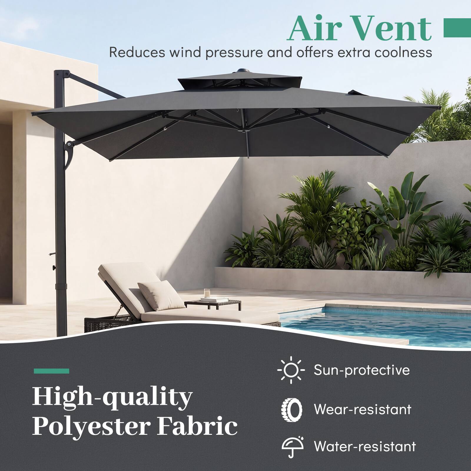 Air Vent  
Reduces wind pressure and offers extra coolness  

High-quality Polyester Fabric  
Sun-protective  
Wear-resistant  
Water-resistant
