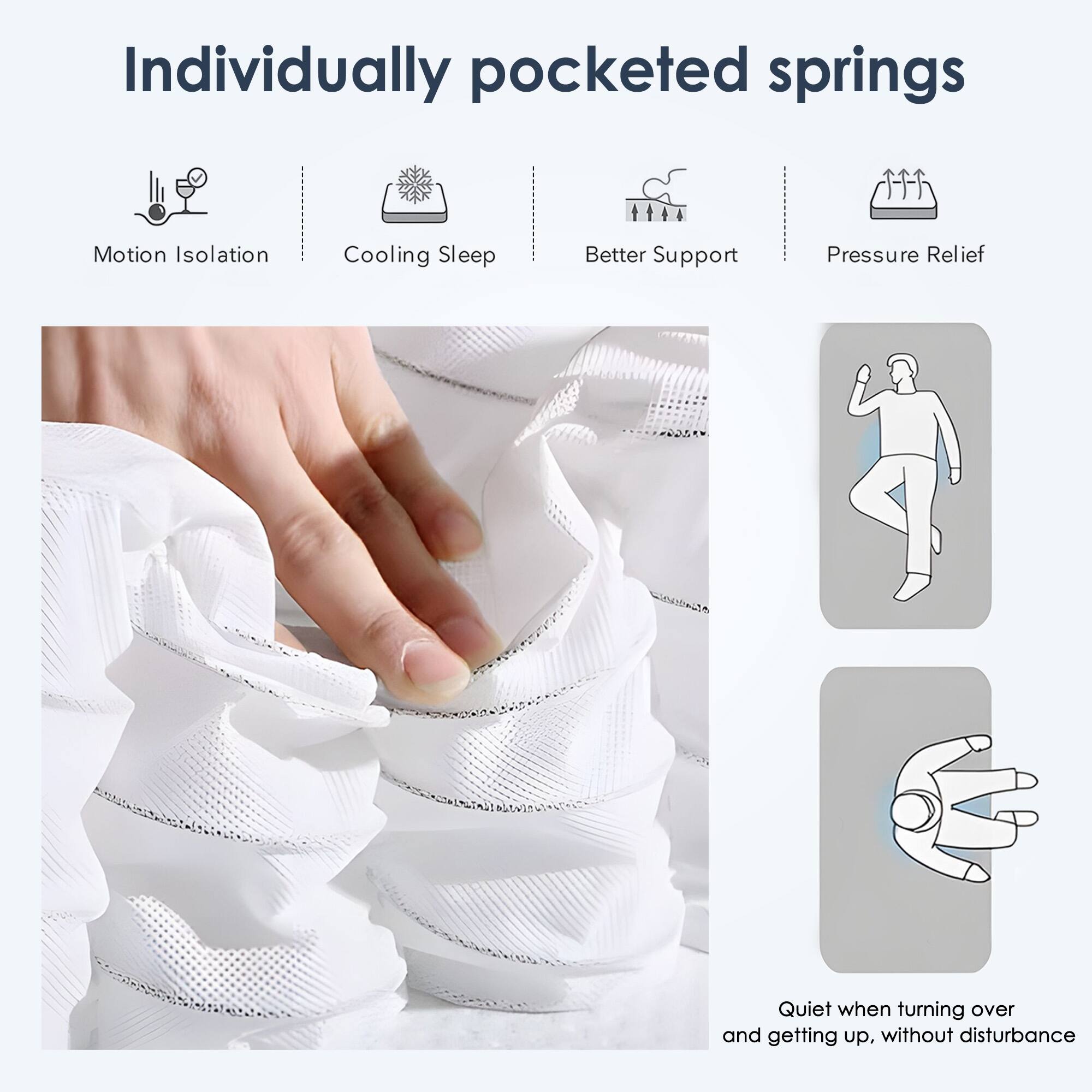Individually pocketed springs

- Motion Isolation
- Cooling Sleep
- Better Support
- Pressure Relief

Quiet when turning over and getting up, without disturbance