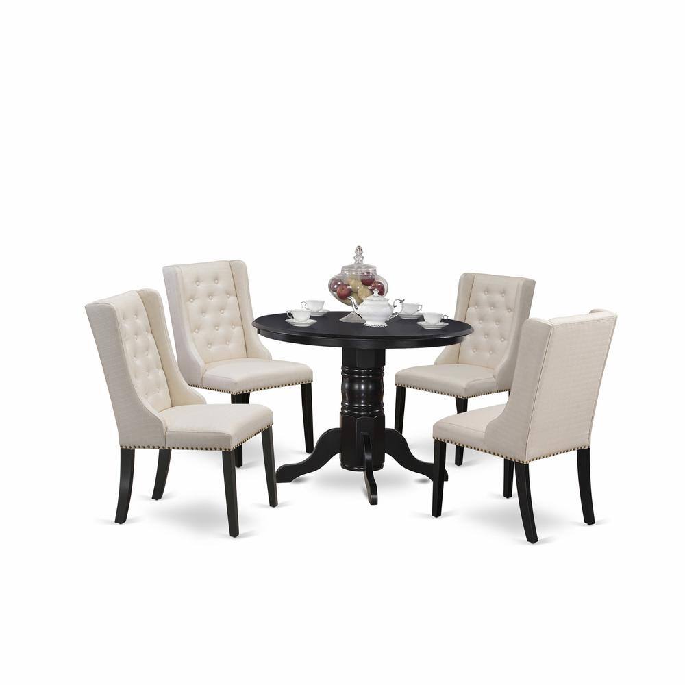 Angle. East West Furniture - East West Furniture SHFO5-BLK-01 5-Piece Dinette Set Includes 1 Pedestal Dining Table and 4 Cream Linen Fabric - Black.