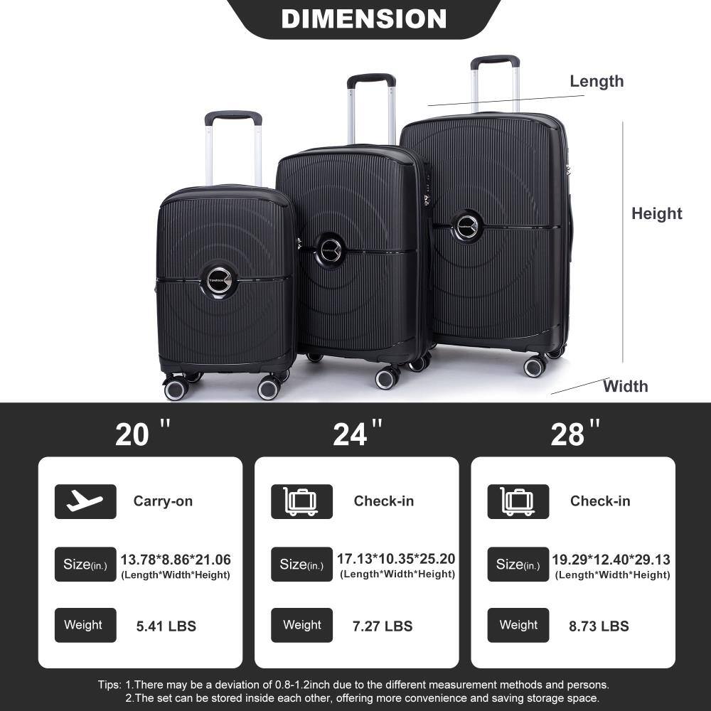 **DIMENSION**

- **20" Carry-on**
  - Size (in.): 13.78" x 8.86" x 21.06" (Length x Width x Height)
  - Weight: 5.41 LBS

- **24" Check-in**
  - Size (in.): 17.13" x 10.35" x 25.20" (Length x Width x Height)
  - Weight: 7.27 LBS

- **28" Check-in**
  - Size (in.): 19.29" x 12.40" x 29.13" (Length x Width x Height)
  - Weight: 8.73 LBS

**Tips:**
1. There may be a deviation of 0.8-1.2 inch due to different measurement methods and persons.
2. The set can be stored inside each other, offering more convenience and saving storage space.