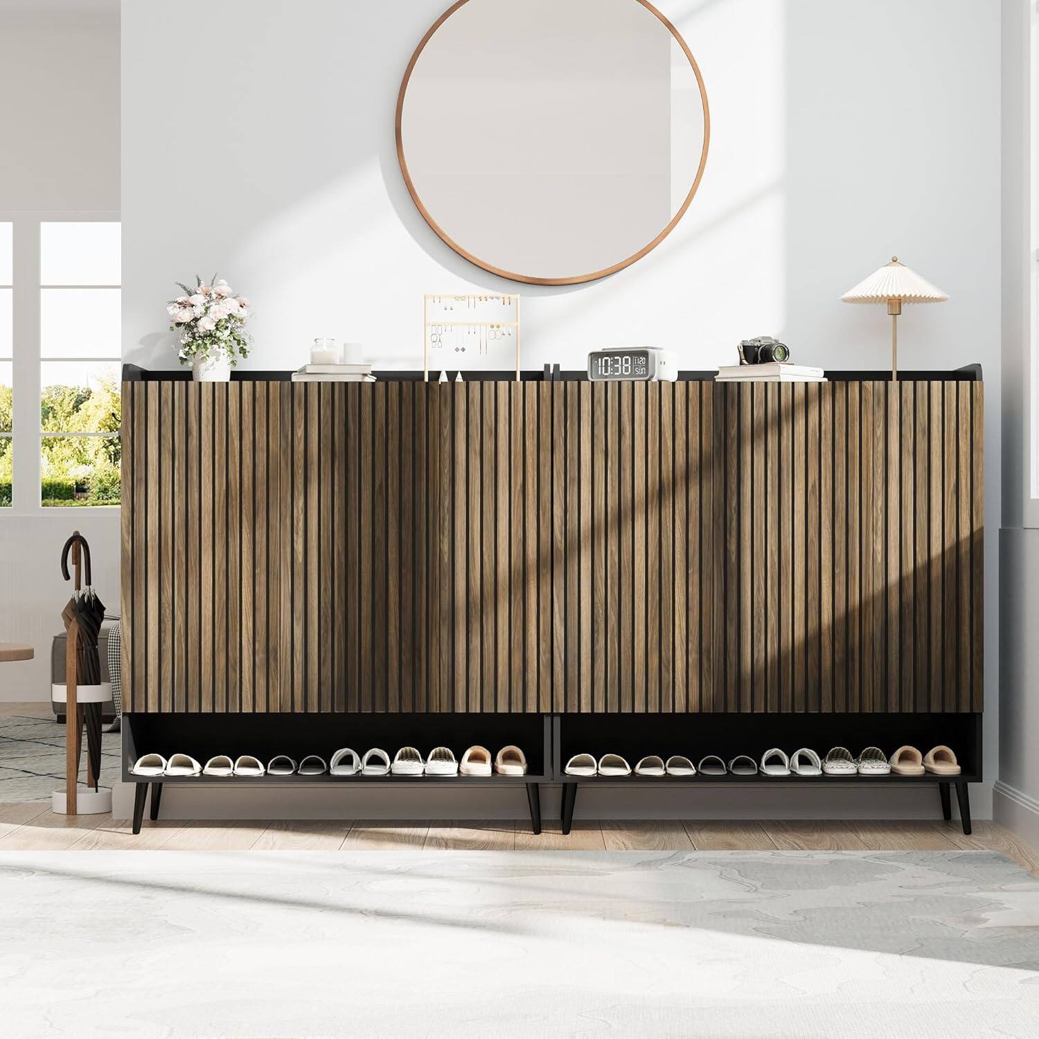 Left. Homhougo - Shoe Cabinet, Large Shoe Cabinet with 3 Doors, Adjustable Shelves, Shoe Organizer with Doors for Hallway, Entryway, - ‎Black.