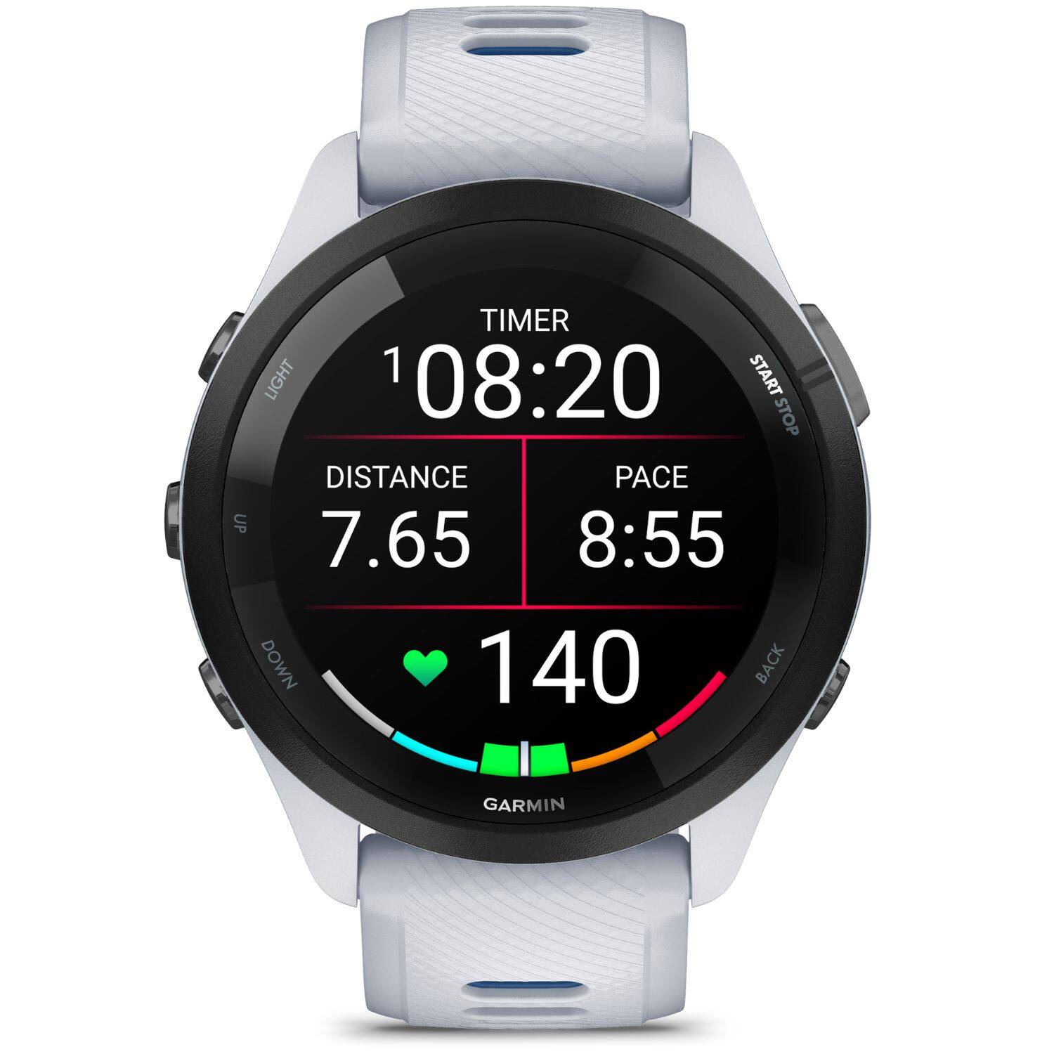 TIMER LIGHT 1 108:20 START STOP DISTANCE 7.65 PACE 8:55 DOWN 140 BACK GARMIN
