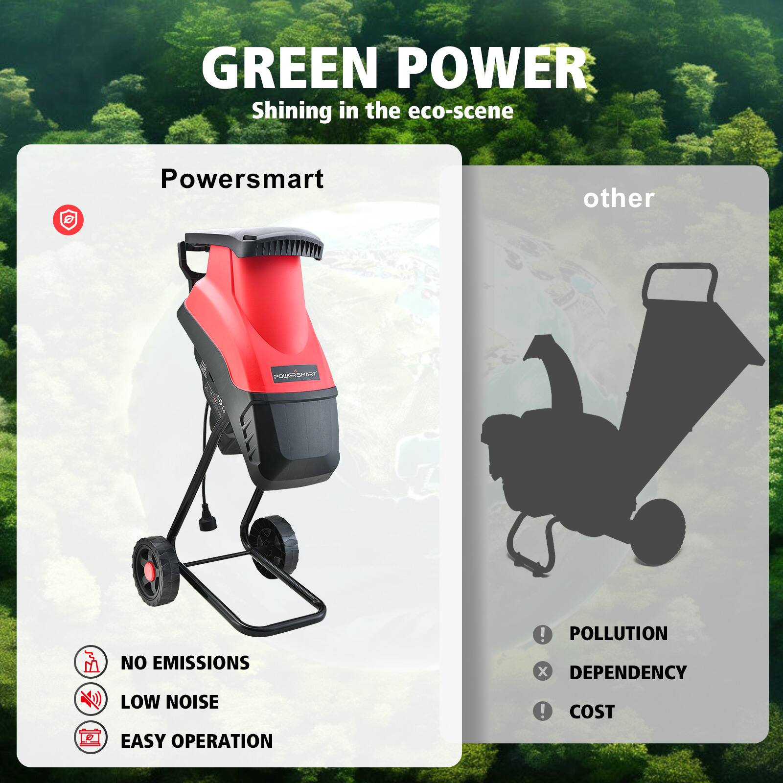 GREEN POWER  
Shining in the eco-scene  

Powersmart  
NO EMISSIONS  
LOW NOISE  
EASY OPERATION  

other  
POLLUTION  
DEPENDENCY  
COST