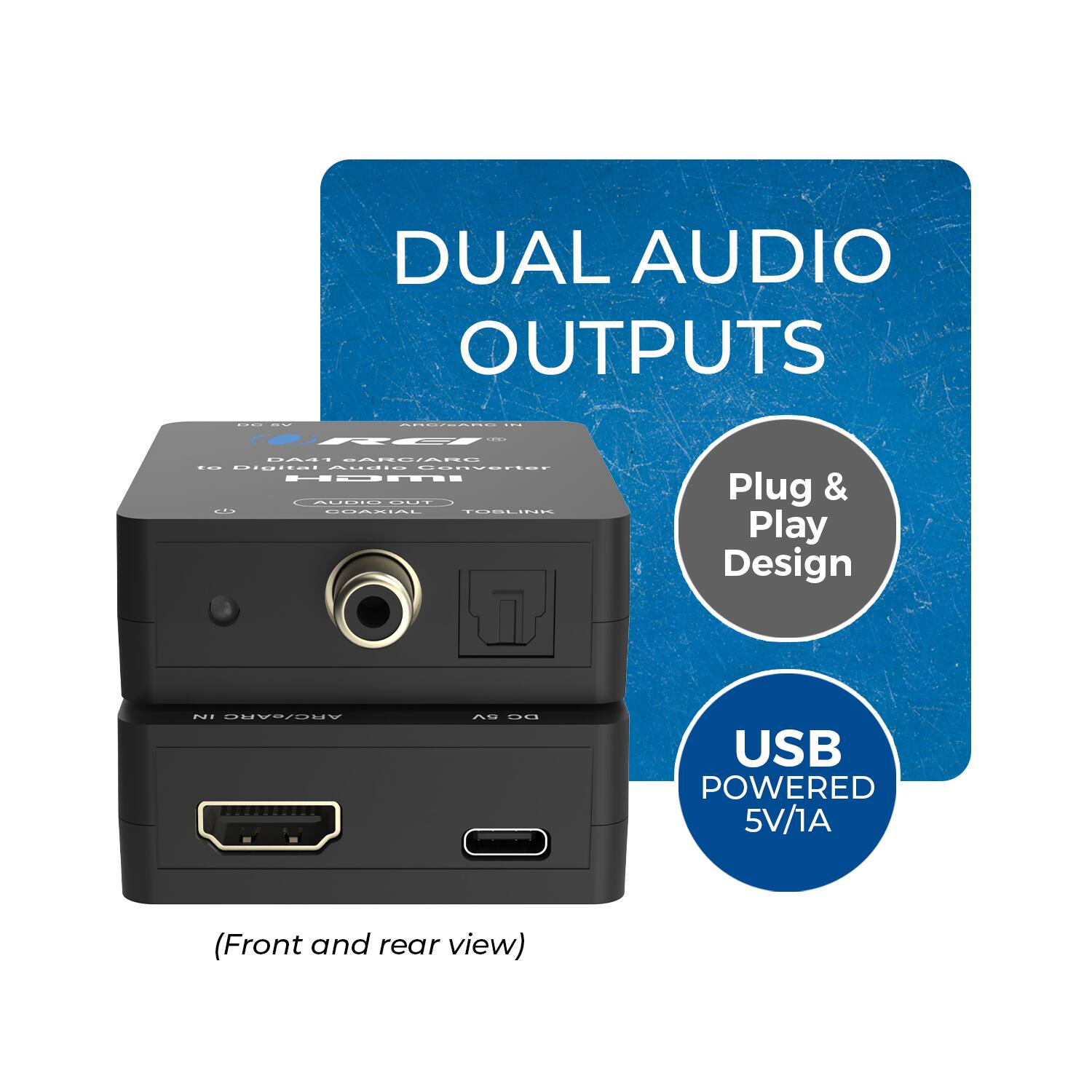 DUAL AUDIO OUTPUTS: Plug & Play Design ~ ARC/SARC Audio USB POWERED 5V/1A (Front and rear view)