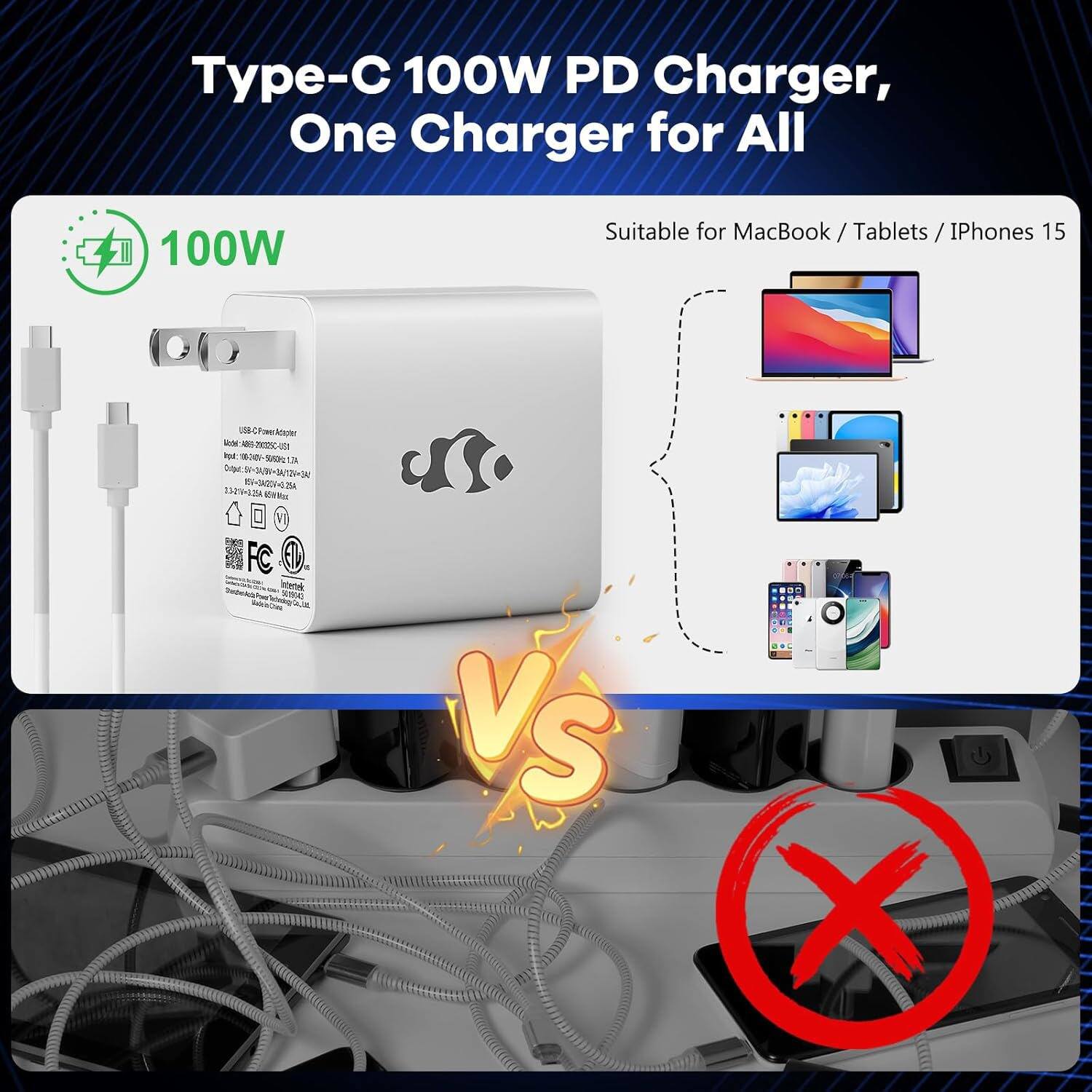 Type-C 100W PD Charger, One Charger for All

Suitable for MacBook / Tablets / iPhones 15

100W

Input: 100-240V~50/60Hz 1.5A

Output: 5V/3A, 9V/3A, 12V/3A, 15V/3A, 20V/3A, 20V/5A

Model: USB-C Power Adapter

FC, CE, RoHS

Made in China

VS

(Comparison with multiple chargers and cables)