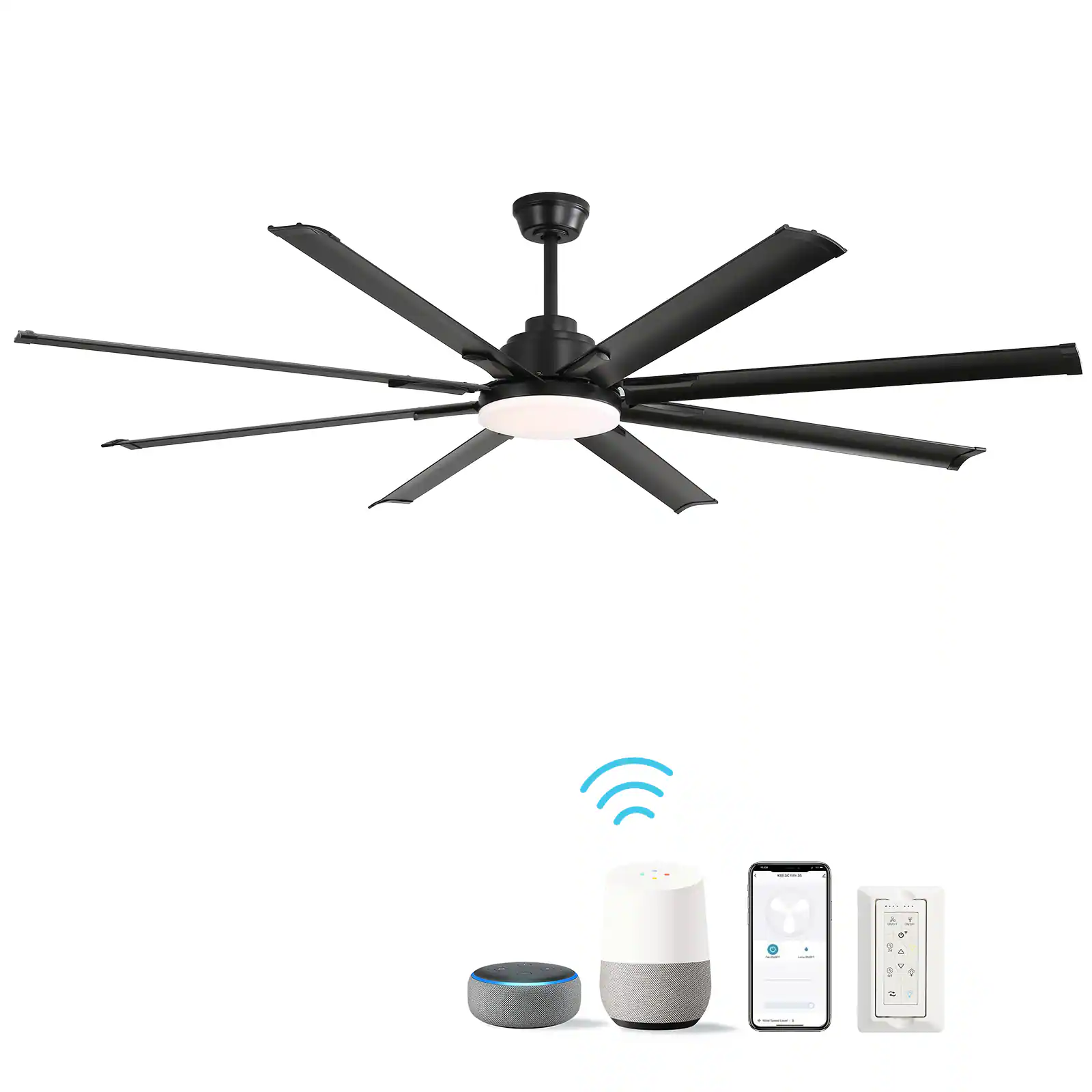 APRILSOUL - 72 Inch Smart DC Ceiling Fan Alexa Google Remote 8 Blade Industrial - Black