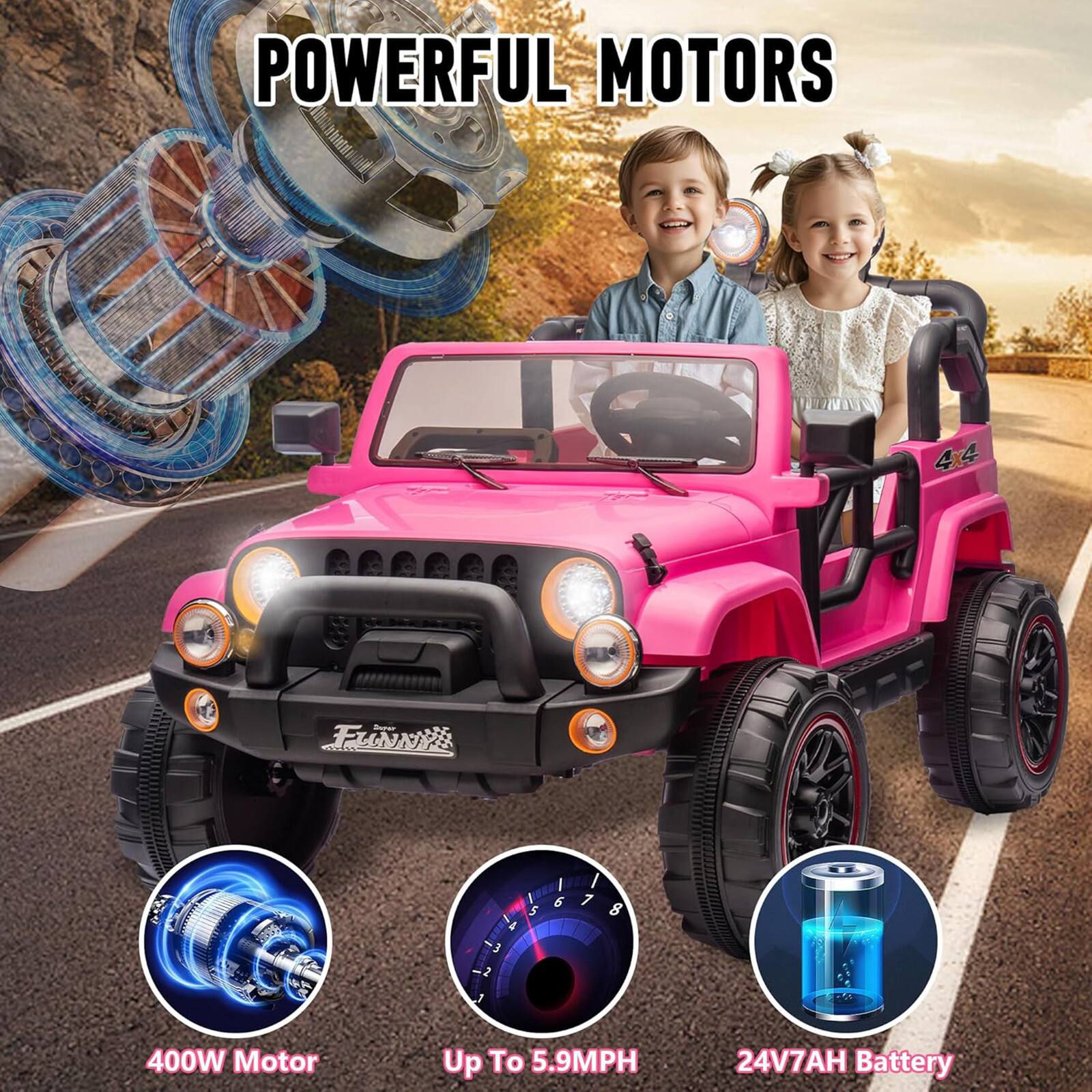 POWERFUL MOTORS

400W Motor  
Up To 5.9MPH  
24V7AH Battery