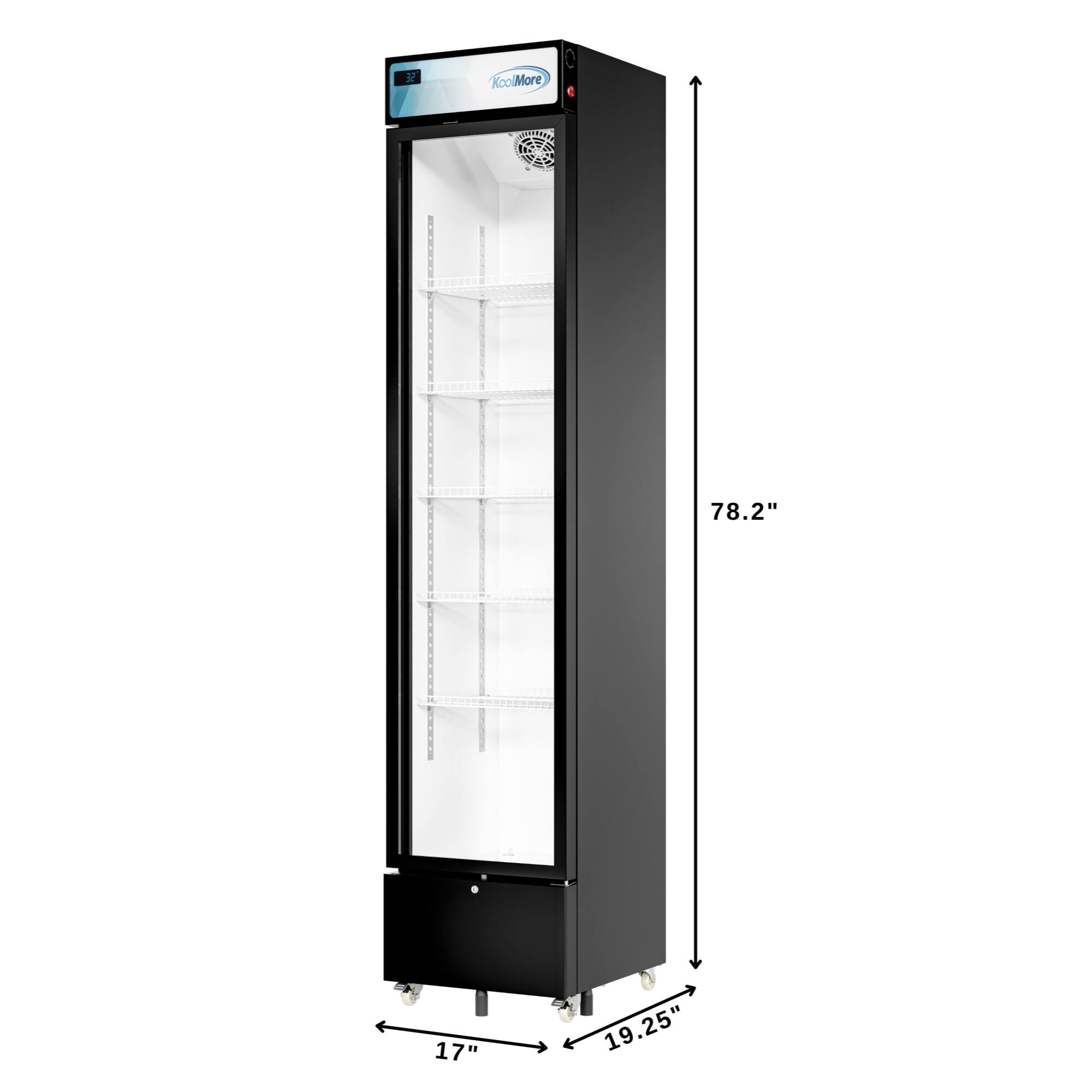 The image shows a black and white KoolMore refrigerator with a height of 78.2 inches, a width of 17 inches, and a depth of 19.25 inches.