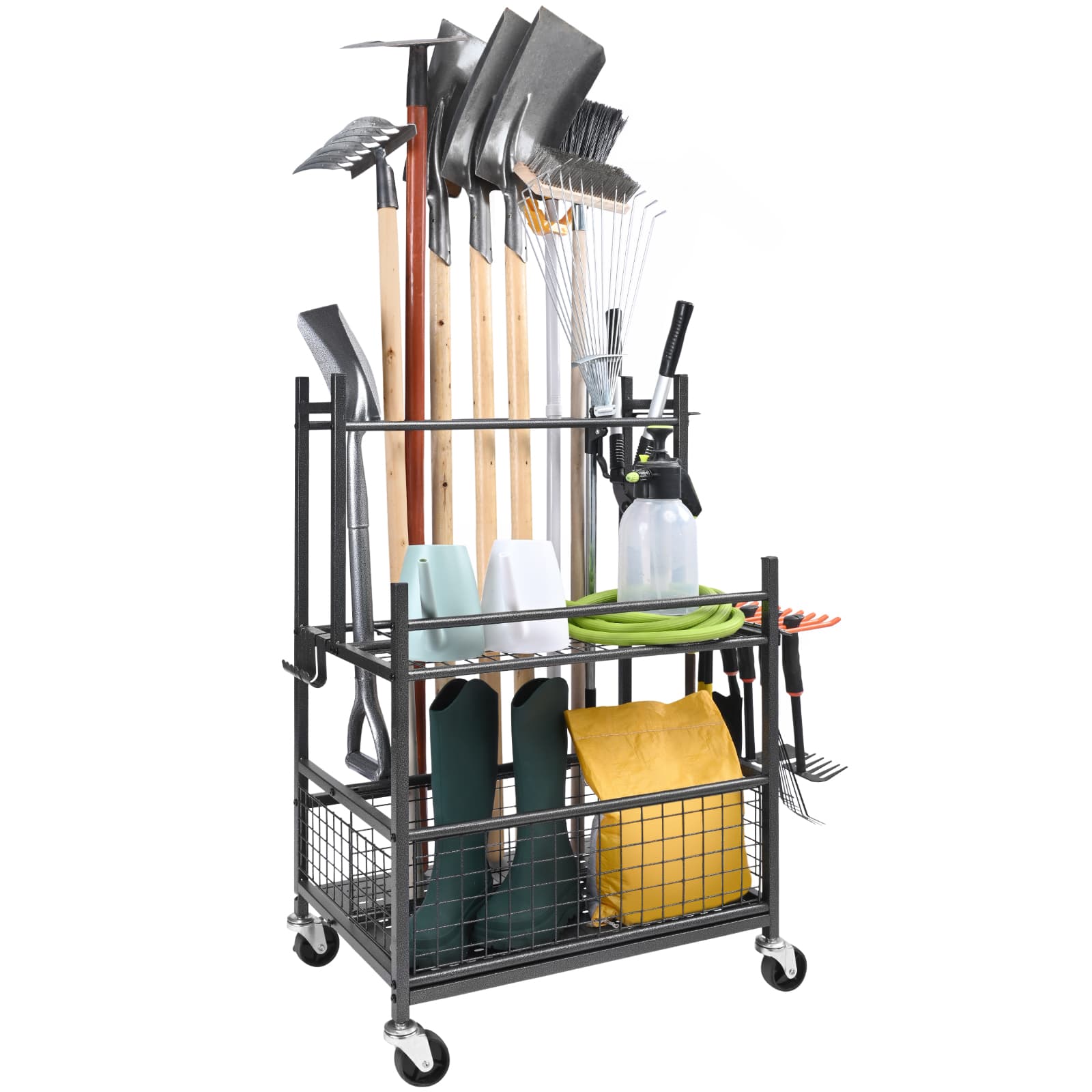 VEVOR - Garden Tool Organizer, 16 Slots with Hooks, Yard Tool Tower Rack with Wheels for Garage Organization and Storage - Black