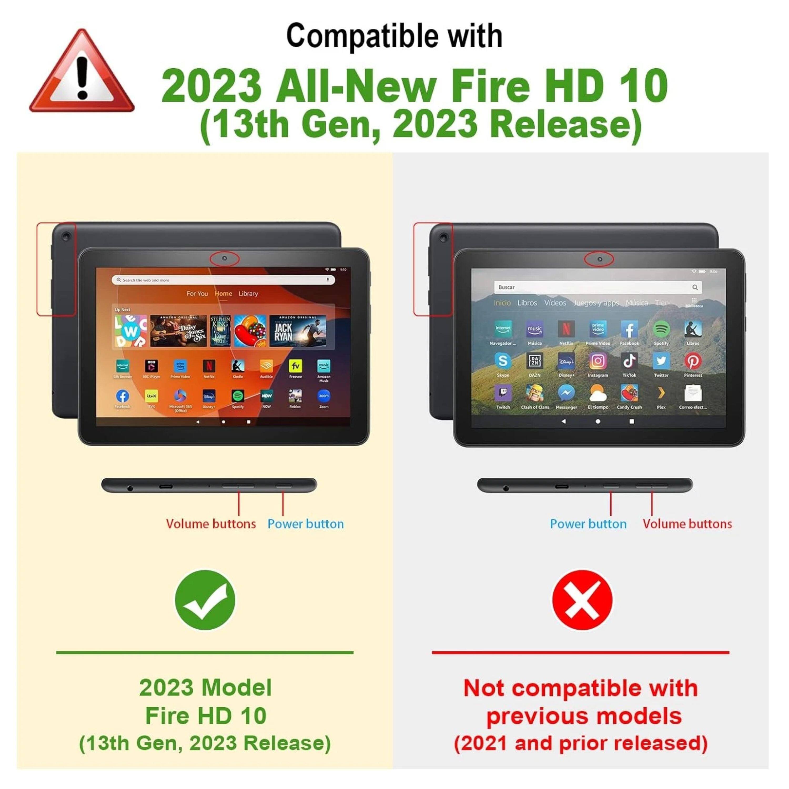 Compatible with 2023 All-New Fire HD 10 (13th Gen, 2023 Release)  
for - on Library - co Libros Videos Aaboose dab Minica T W Cne d JACK RYAN S - N - f n t - - P f - - - i - . - tut - -  
Volume buttons Power button Power button Volume buttons X  
2023 Model Fire HD 10 (13th Gen, 2023 Release)  
Not compatible with previous models (2021 and prior released)