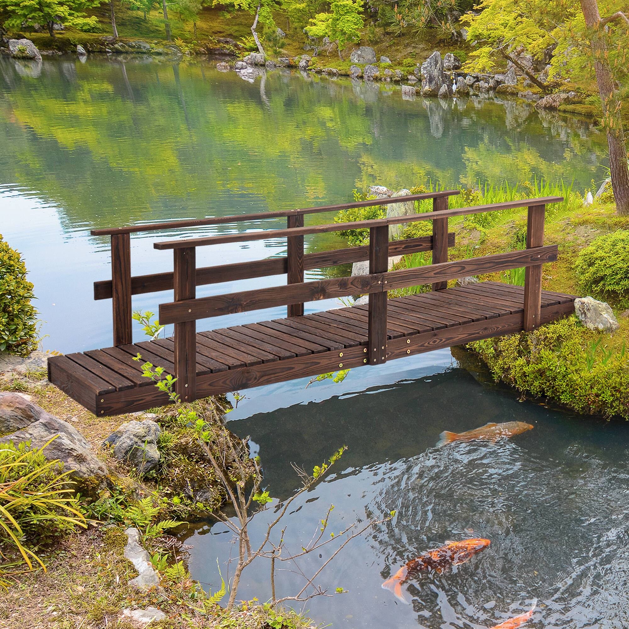 Alt View 1. Outsunny - Garden Bridge Wooden Footbridge for Backyard Ponds, Creeks, Streams - Carbonized Brown.