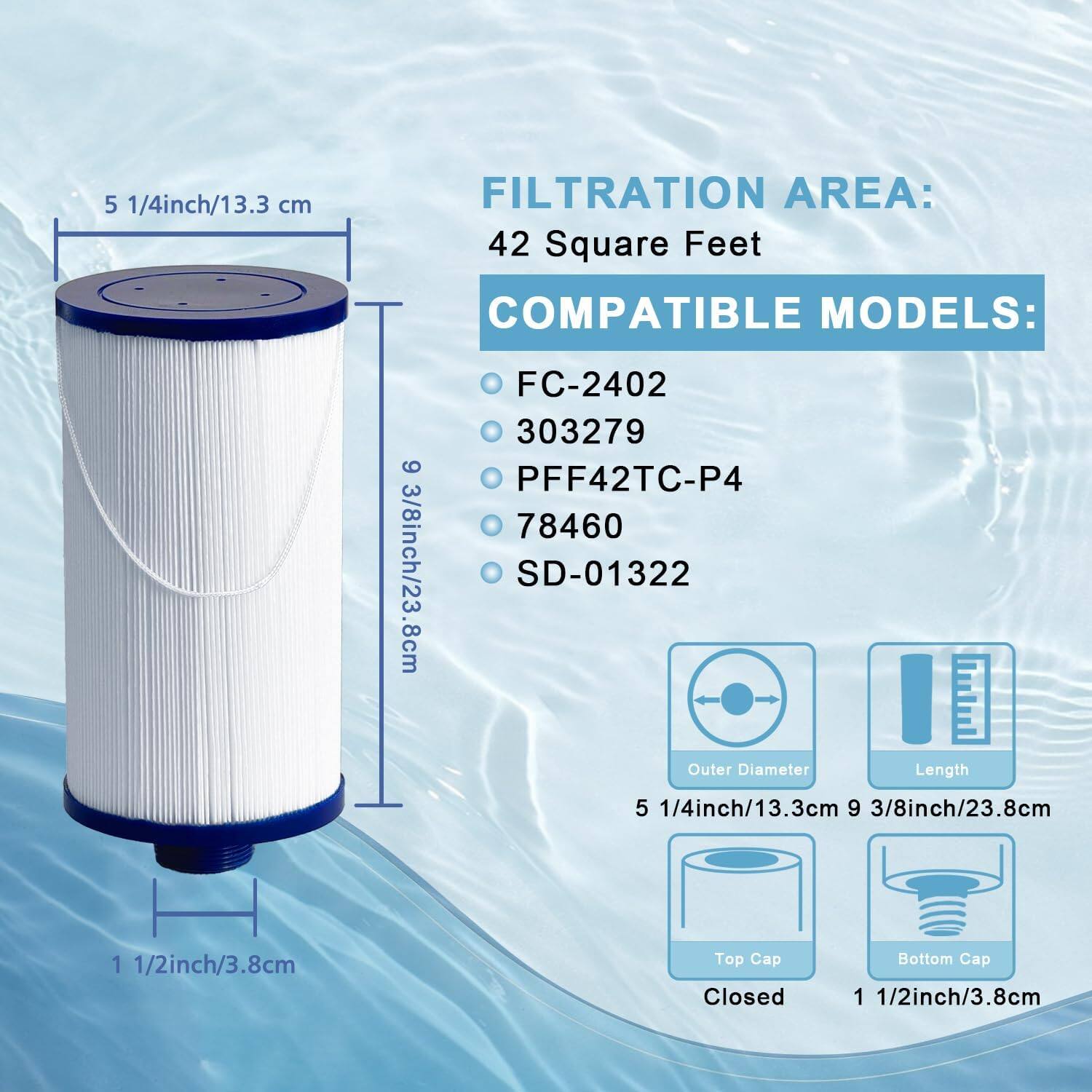 Filtration Area: 42 Square Feet

Compatible Models:
- FC-2402
- 303279
- PFF42TC-P4
- 78460
- SD-01322

Outer Diameter: 5 1/4 inch / 13.3 cm
Length: 9 3/8 inch / 23.8 cm
Top Cap: Closed
Bottom Cap: 1 1/2 inch / 3.8 cm