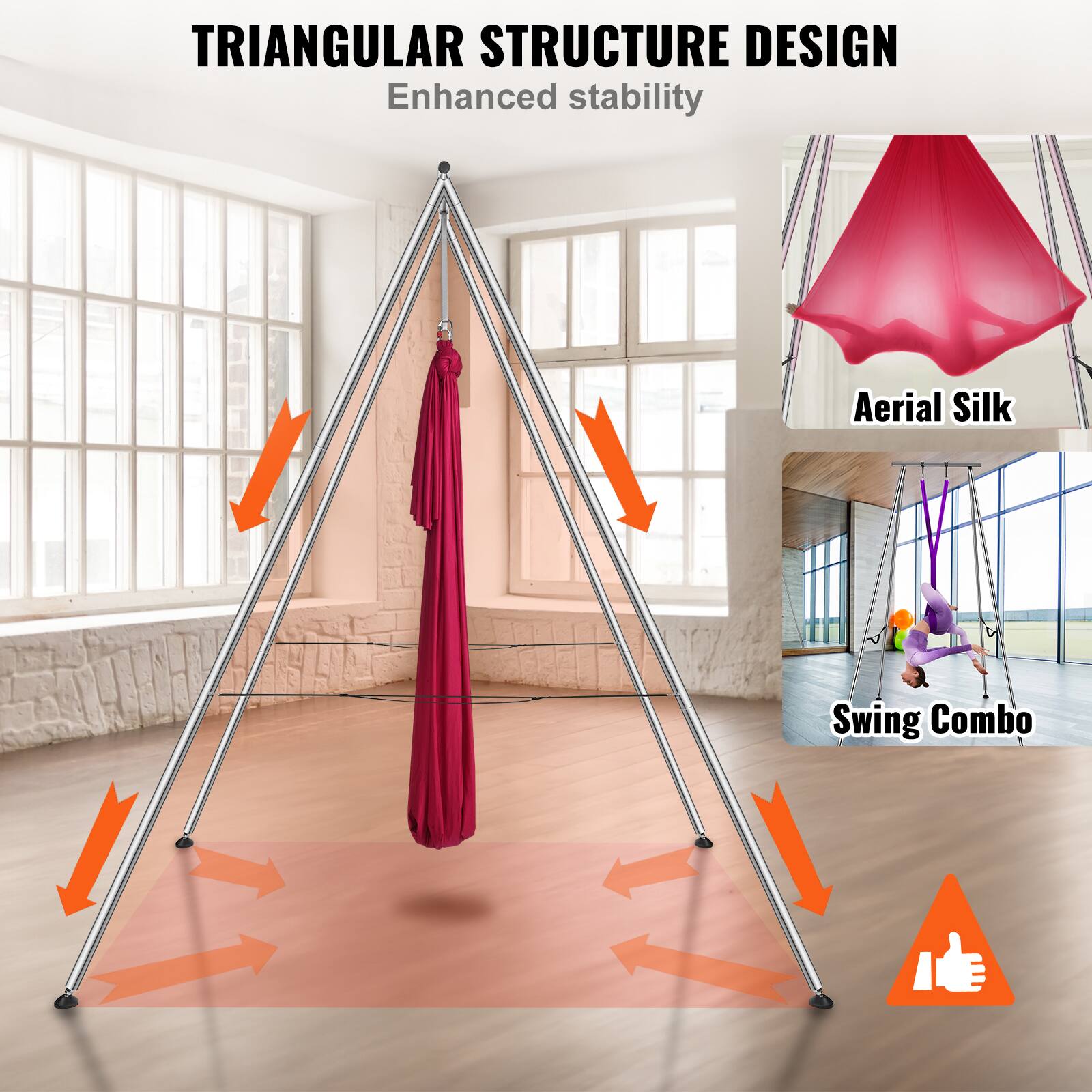 TRIANGULAR STRUCTURE DESIGN  
Enhanced stability  

Aerial Silk  
Swing Combo
