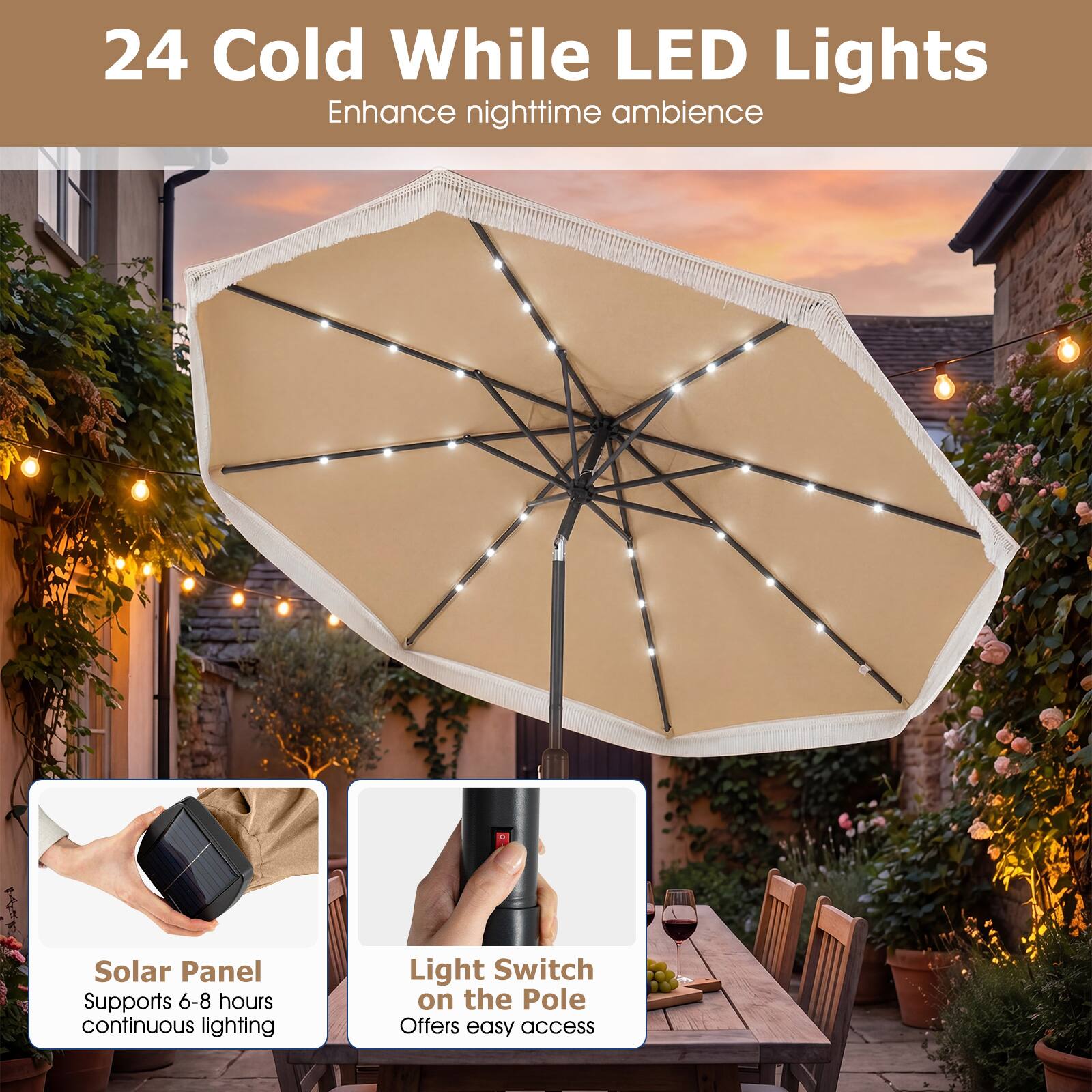 24 Cold While LED Lights Enhance nighttime ambience

1. Solar Panel Supports 6-8 hours continuous lighting
2. Light Switch on the Pole Offers easy access