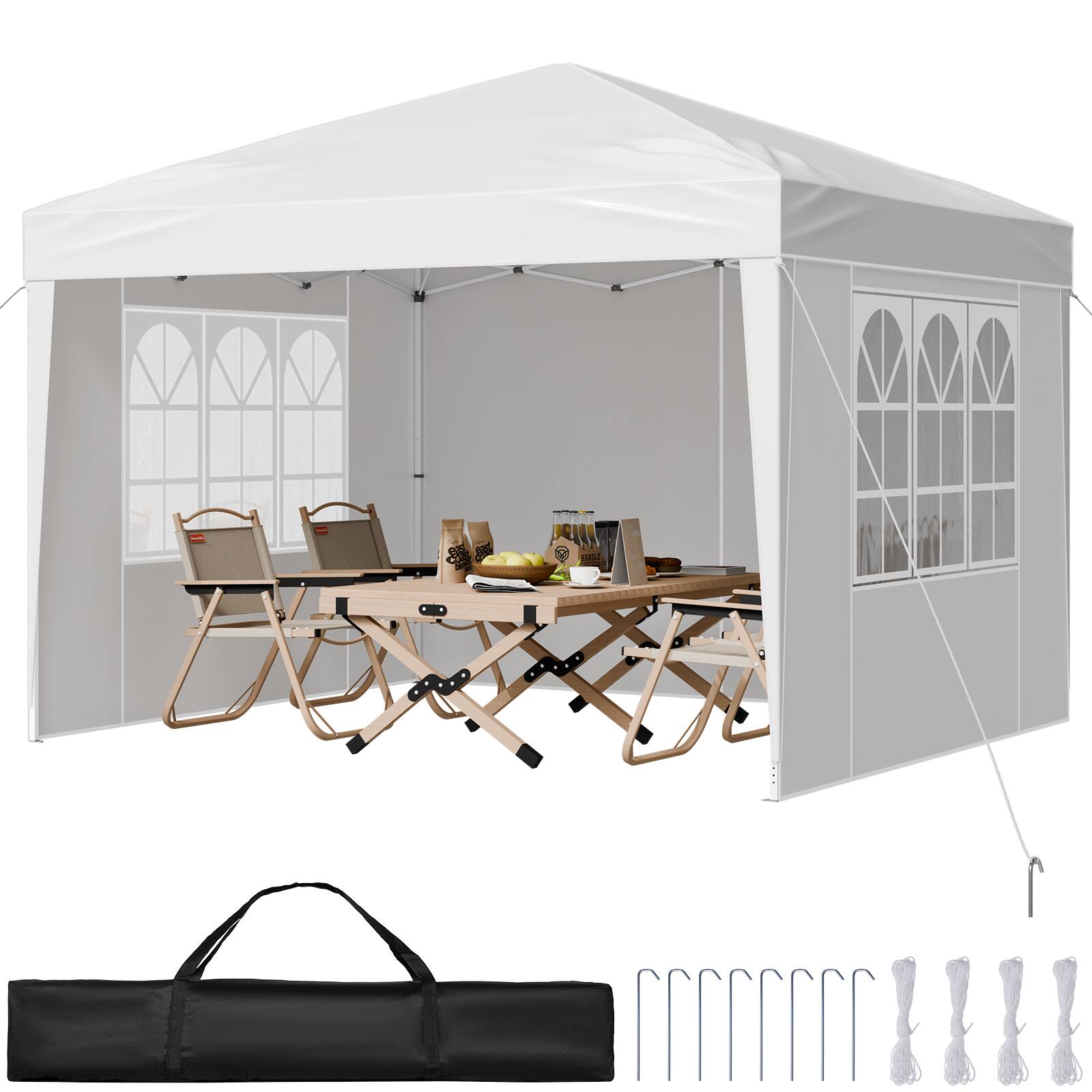 VEVOR - 10 x 10 FT Pop-Up Canopy Tent with Adjustable Height, 3 Sidewalls, and 2 Ventilated Windows, Portable Outdoor Shelter - White