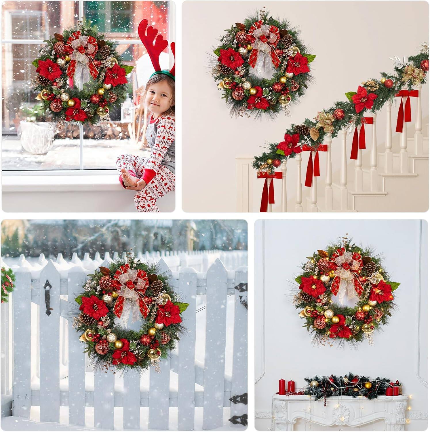 Alt View 6. GARVEE - 30 Inch Christmas Wreath with Lights, Lighted Large Outdoor Christmas Door Wreath with 40 Battery Operated LED Lights - Green.