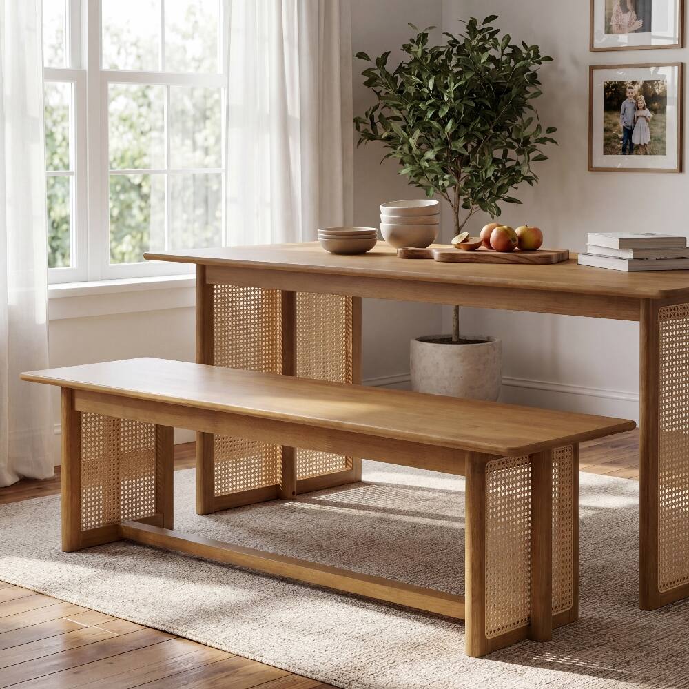 Front. Ropilly - Ropilly Rubber Wood Dining Bench Rattan Weave Boho Entryway Bench Natural Wood Indoor Seating - Natural.