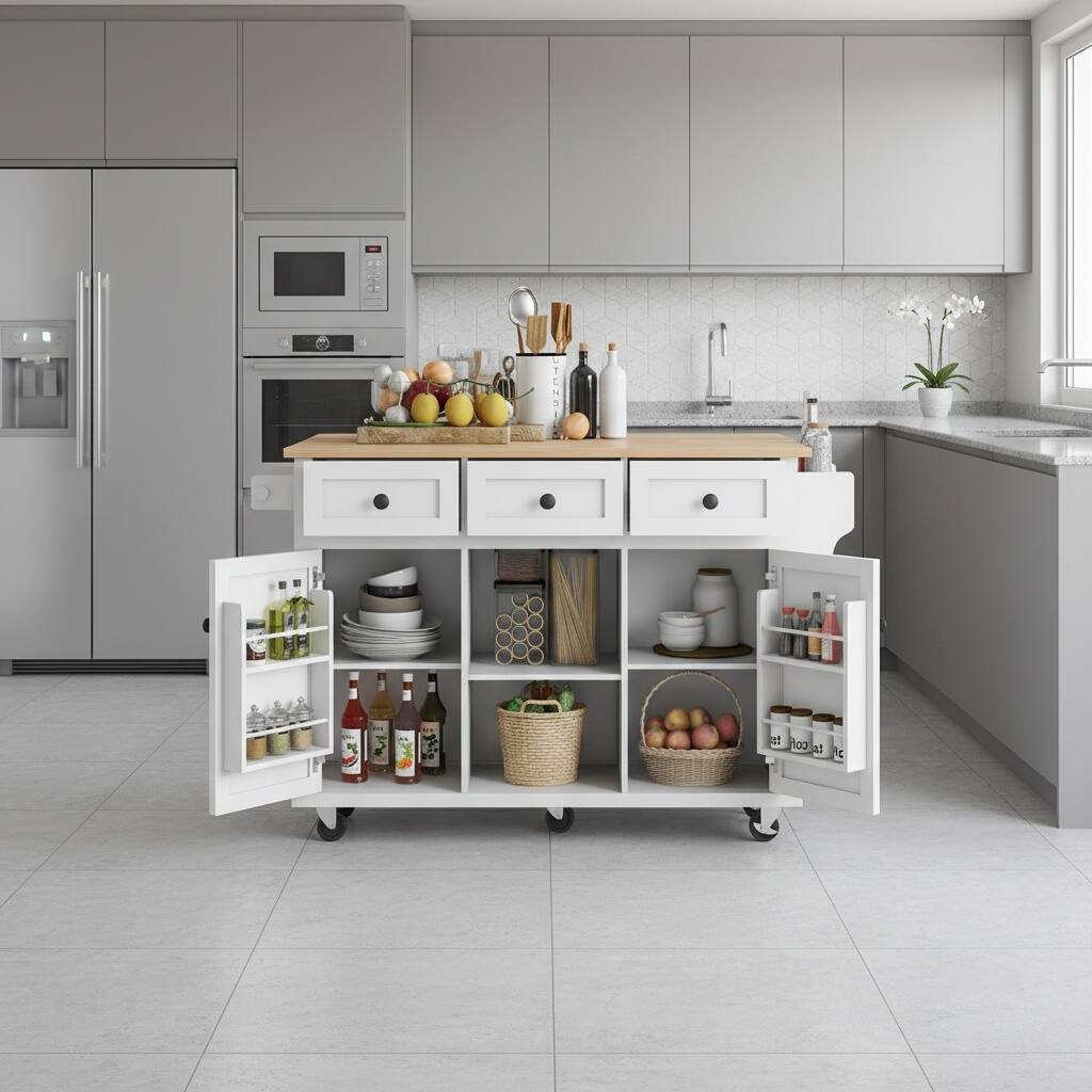 Forest'nSky Kitchen Cart with Rubber Wood Drop Leaf Countertop – 5 ...