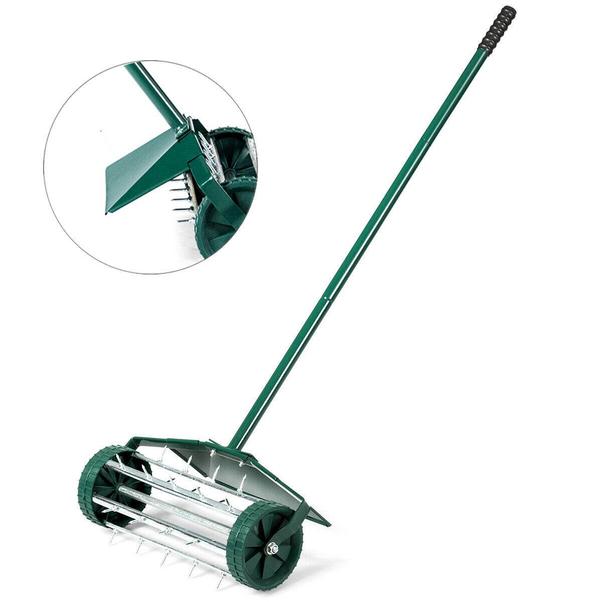 Costway - 18-inch Rolling Lawn Aerator Rotary Push Tine Spike Soil Aeration W/Fender - Dark Green,Silver
