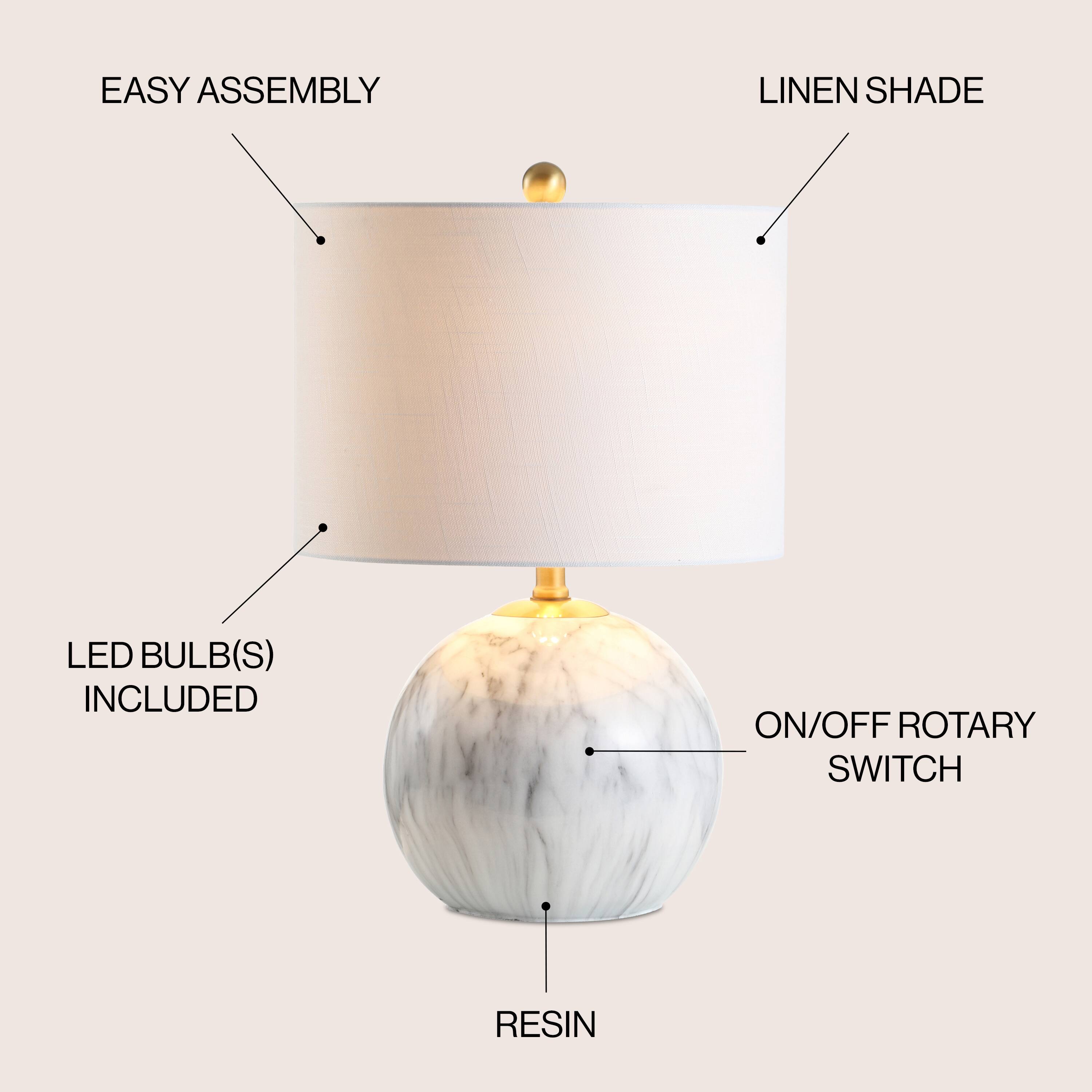 EASY ASSEMBLY  
LINEN SHADE  
LED BULB(S) INCLUDED  
ON/OFF ROTARY SWITCH  
RESIN
