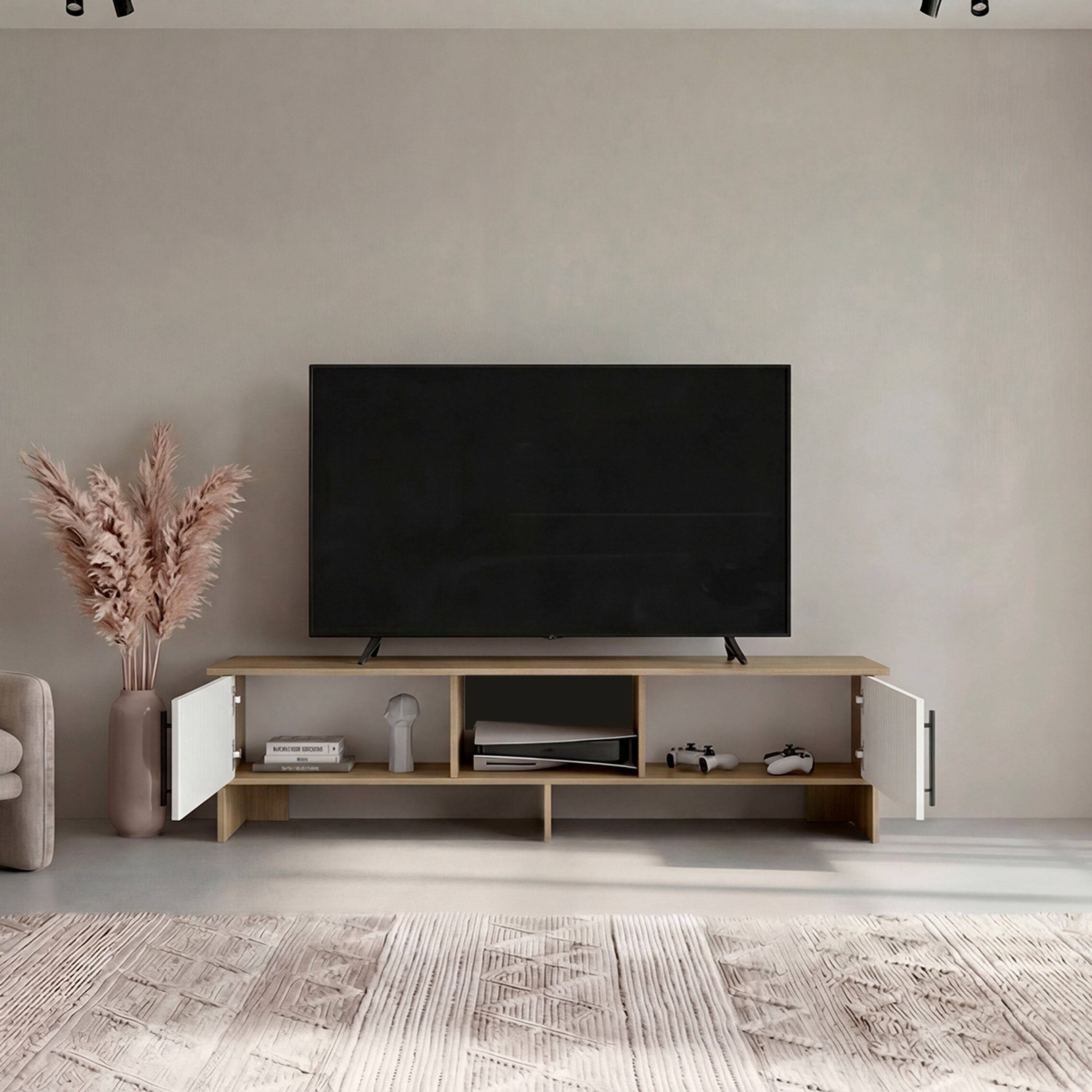 Back. TuHome - Modern Floating TV Stand for 50-65 Inch TVs, Gaming Consoles, with Open Display Shelves, Wall Entertainment Center - White.