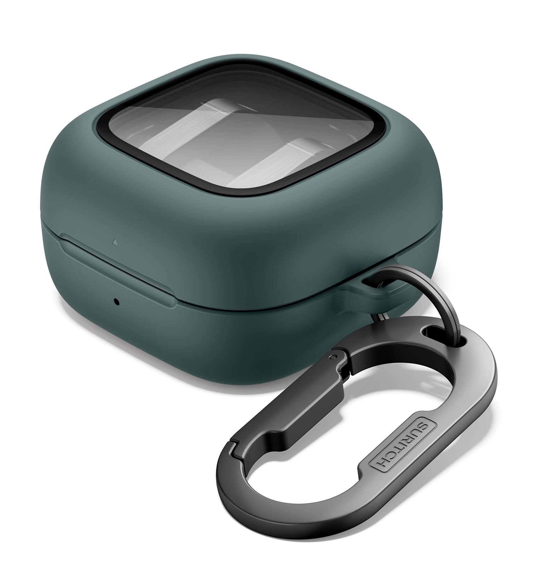 Angle. SURITCH - Headphone Case for Samsung Galaxy Buds 4 Pro /Galaxy Buds 4 (2026),Bumpe Shockproof Cover with Magnetic Lock & Carabiner - Lake Green.