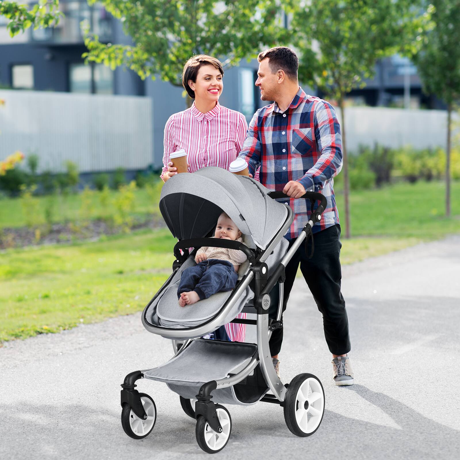 Alt View 1. Costway - Costway High Landscape Stroller 2-in-1 Foldable for Infant with Reversible Seat - Grey.