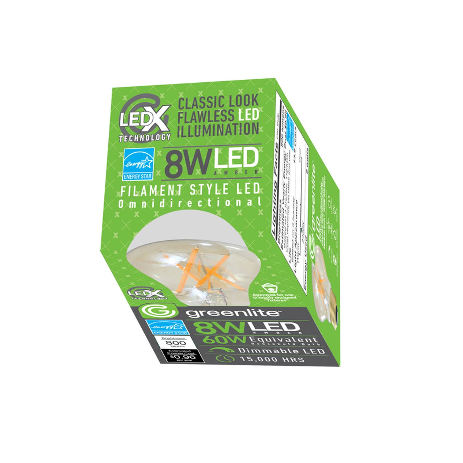 CLASSIC LOOK LED FLAWLESS ILLUMINATION  
8W LED  
FILAMENT STYLE LED  
Omnidirectional  
LEDX TECHNOLOGY  
Approved for use in totally enclosed fixtures  
greenlite energy 8W LED ENERGY STAR AMBER  
60W Equivalent 800 Household Bulb - Lockey CARIONALAD  
Cost Dimmable LED .96 USE 15,000 HRS