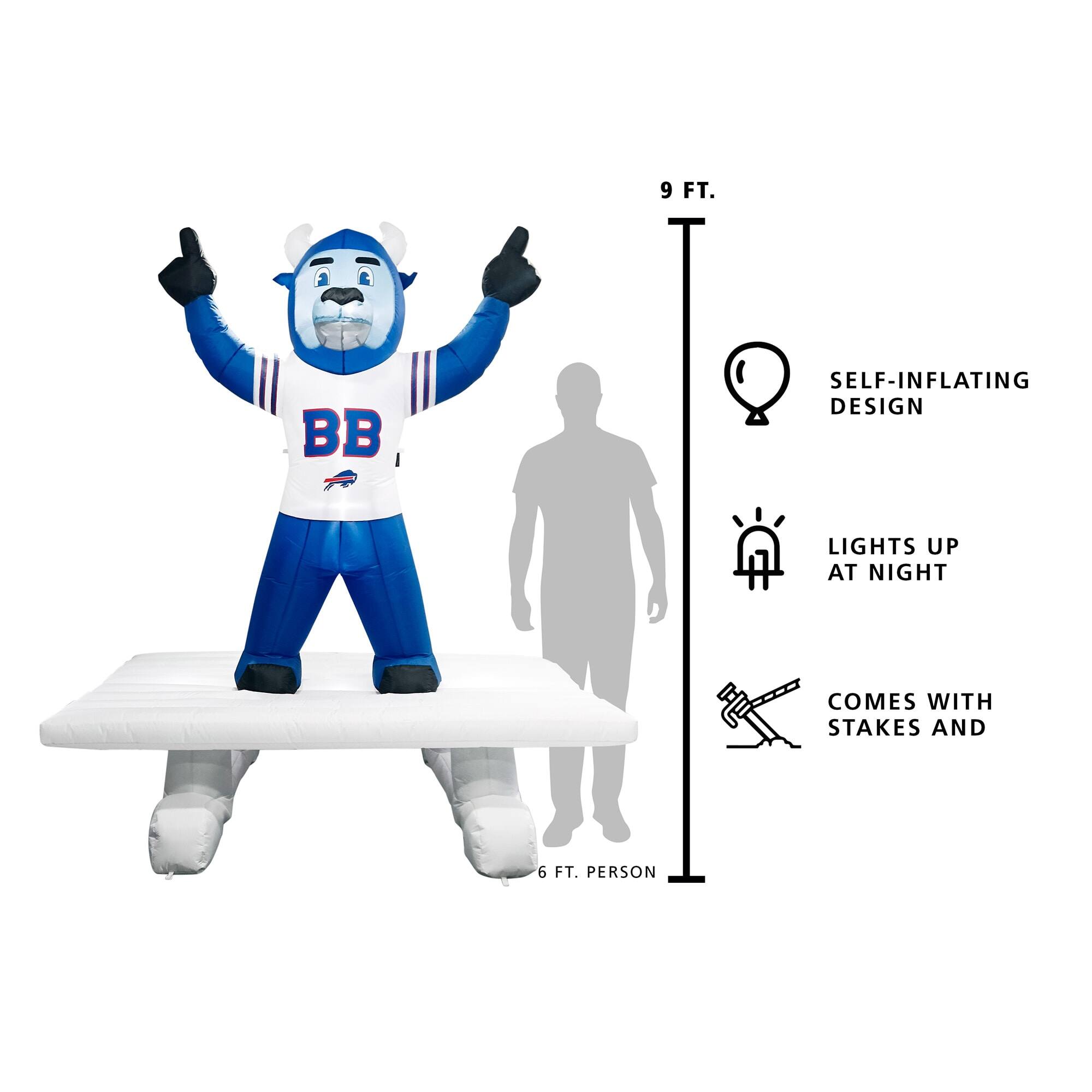 9 FT.  
SELF-INFLATING DESIGN  
LIGHTS UP AT NIGHT  
COMES WITH STAKES AND  
6 FT. PERSON