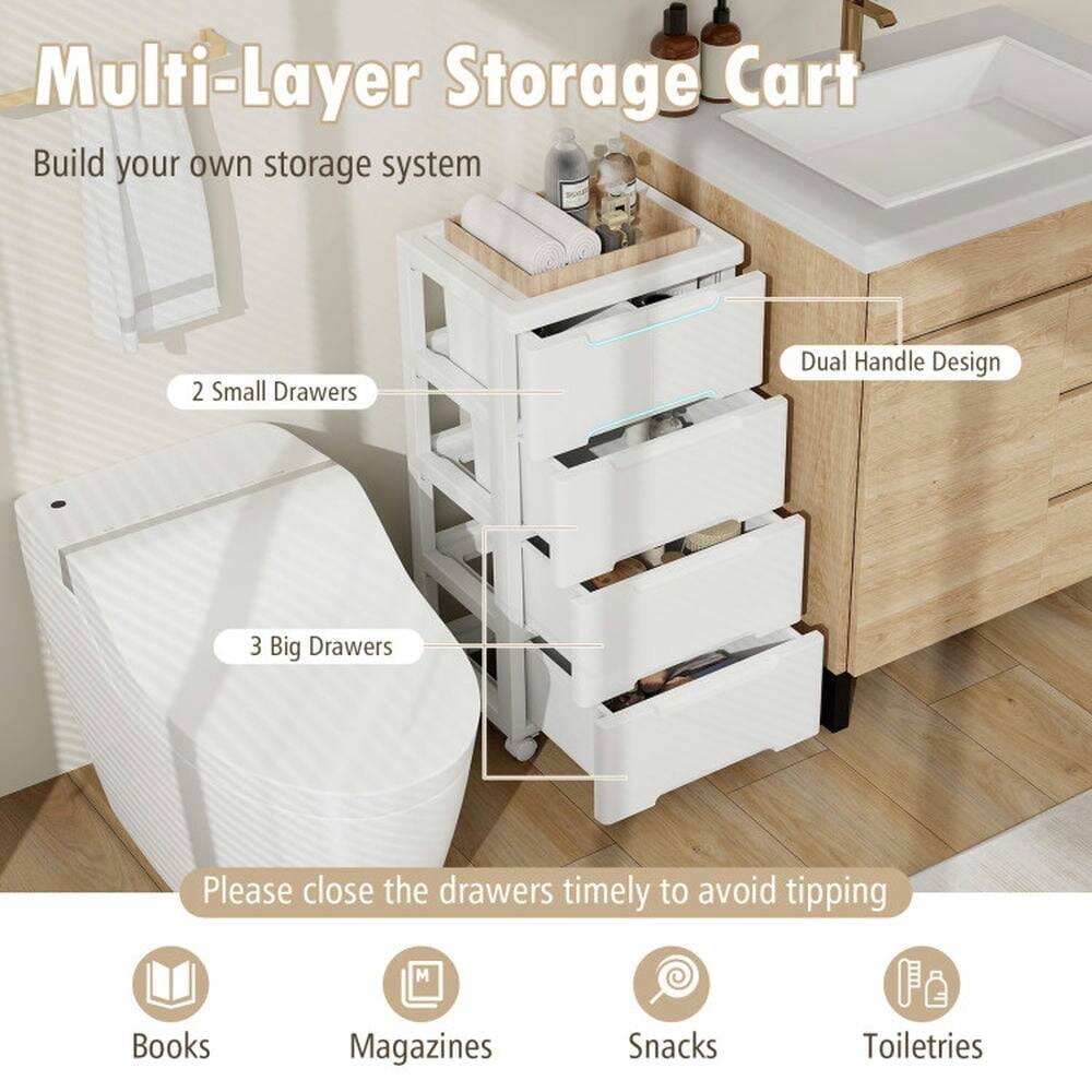 Multi-Layer Storage Cart  
Build your own storage system  

2 Small Drawers  
3 Big Drawers  
Dual Handle Design  

Please close the drawers timely to avoid tipping  

Books  
Magazines  
Snacks  
Toiletries