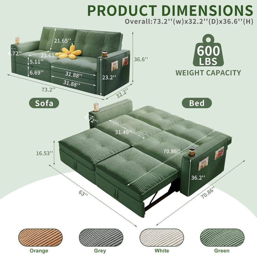 **PRODUCT DIMENSIONS**

**Overall:** 73.2" (w) x 32.2" (D) x 36.6" (H)

**Sofa:**
- 73.2"
- 32.2"
- 21.65"
- 21.65"
- 5.11"
- 6.69"
- 31.88"
- 31.88"
- 23.2"

**Bed:**
- 70.86"
- 70.86"
- 36.2"
- 63"
- 31.49"
- 16.53"

**WEIGHT CAPACITY:** 600 LBS

**Colors:**
- Orange
- Grey
- White
- Green