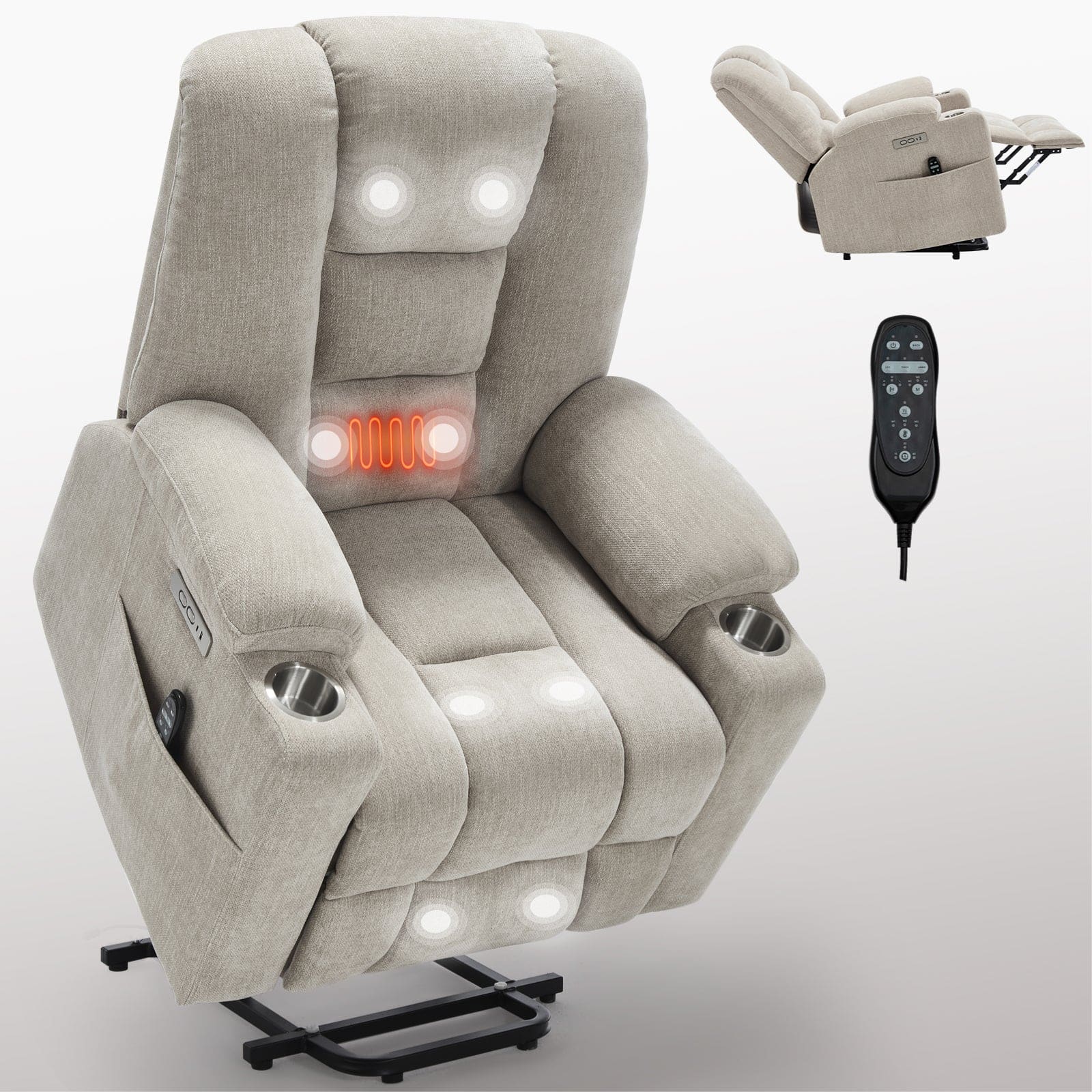 Boyel Living - Large Power Lift Recliner Chair with Massage and Heat Heavy Duty Motion Mechanism with USB and Type C Ports - Beige
