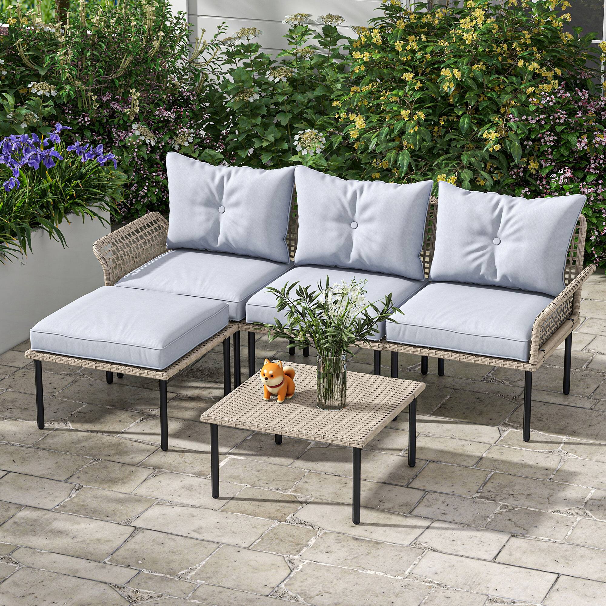 Alt View 5. Outsunny - 5 Piece Patio Furniture Set, Outdoor Conversation Set with L-Shaped Sofa, Cushions, for Backyard, Lawn and Pool - Light Gray.