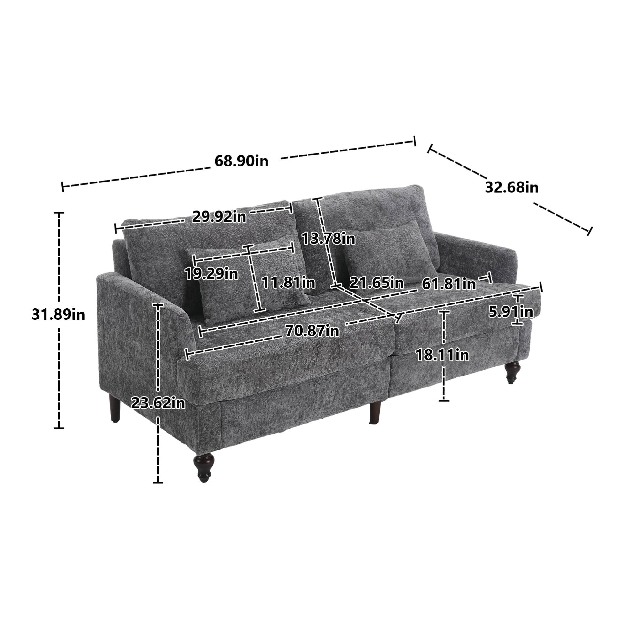 Sure, here are the corrected measurements grouped by their positions on the sofa:

- **Overall Dimensions:**
  - Length: 68.90 in
  - Width: 32.68 in
  - Height: 31.89 in

- **Seat Dimensions:**
  - Depth: 21.65 in
  - Height: 19.29 in
  - Width: 61.81 in

- **Backrest Dimensions:**
  - Height: 31.89 in
  - Width: 68.90 in
  - Depth: 29.92 in

- **Armrest Dimensions:**
  - Height: 13.78 in
  - Width: 21.65 in

- **Leg Dimensions:**
  - Height: 5.91 in
  - Width: 23.62 in

- **Additional Dimensions:**
  - Seat Depth: 21.65 in
  - Seat Height: 19.29 in
  - Armrest Height: 13.78 in
  - Armrest Width: 2