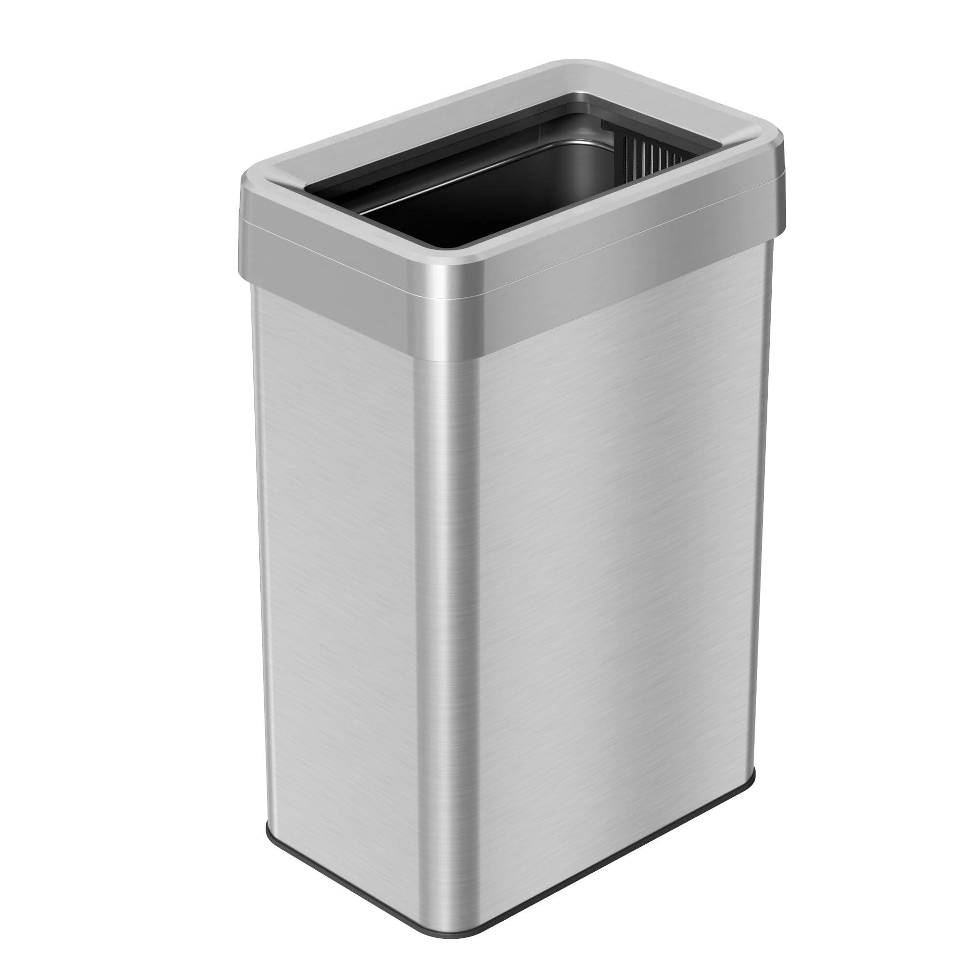Front. HLS Commercial - Open Top Trash Can, Rectangular, 16 gal, Plastic/Stainless Steel, Silver.