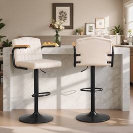 Vecelo - Set of 2 Swivel Bar Stools with Adjustable Height - Flocking Upholstered Counter Height Stools with Footrest - Beige