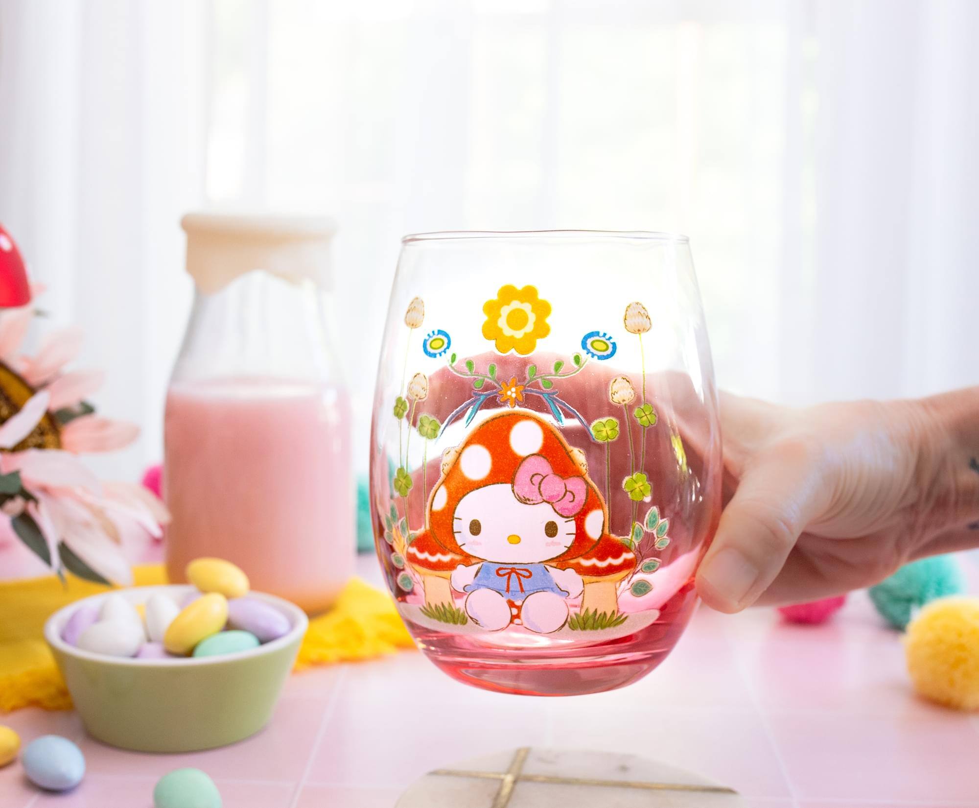 Alt View 3. Silver Buffalo - Sanrio Hello Kitty Mushroom Art Stemless Wine Glass | Holds 20 Ounces - Clear.