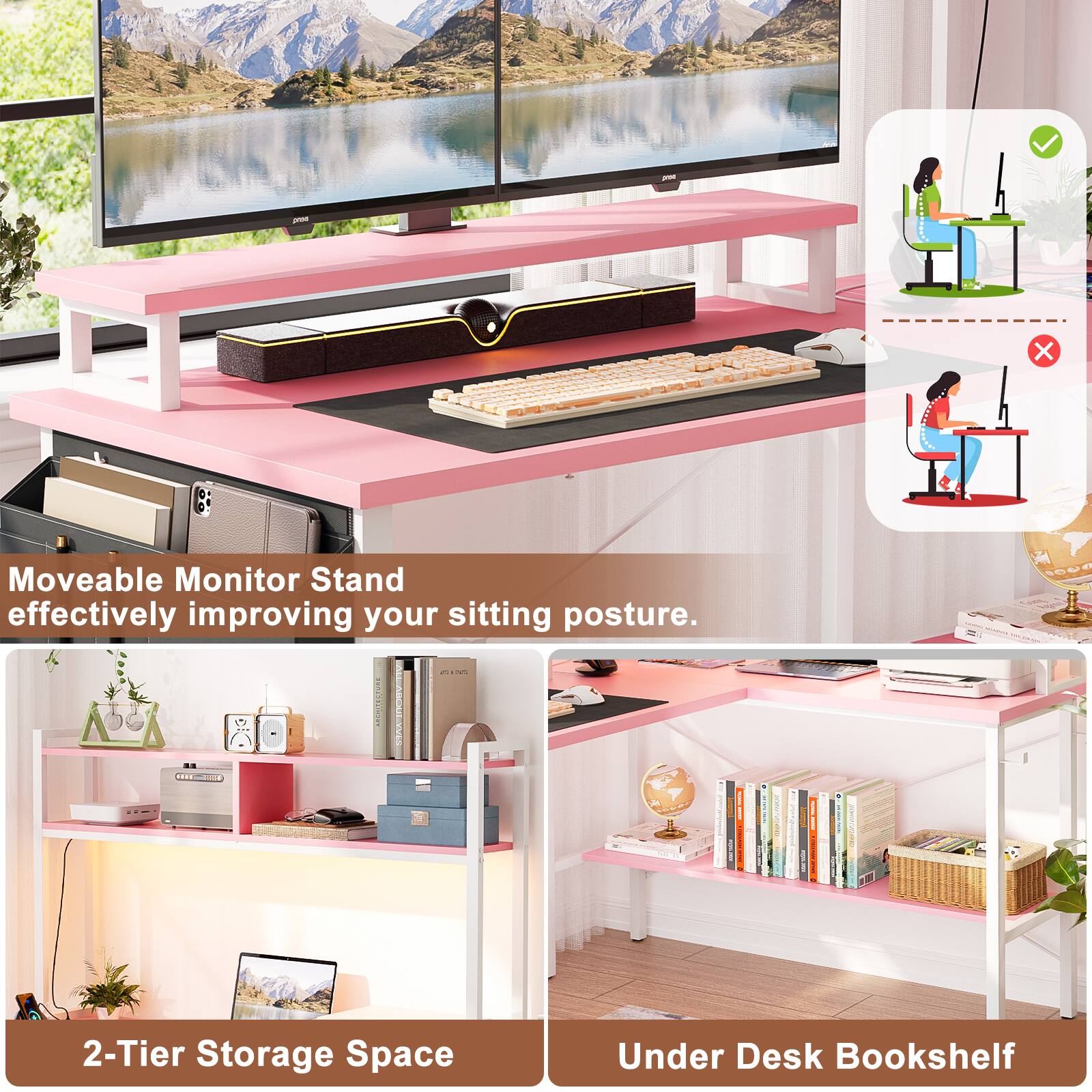 - Moveable Monitor Stand effectively improving your sitting posture.
- 2-Tier Storage Space Under Desk Bookshelf