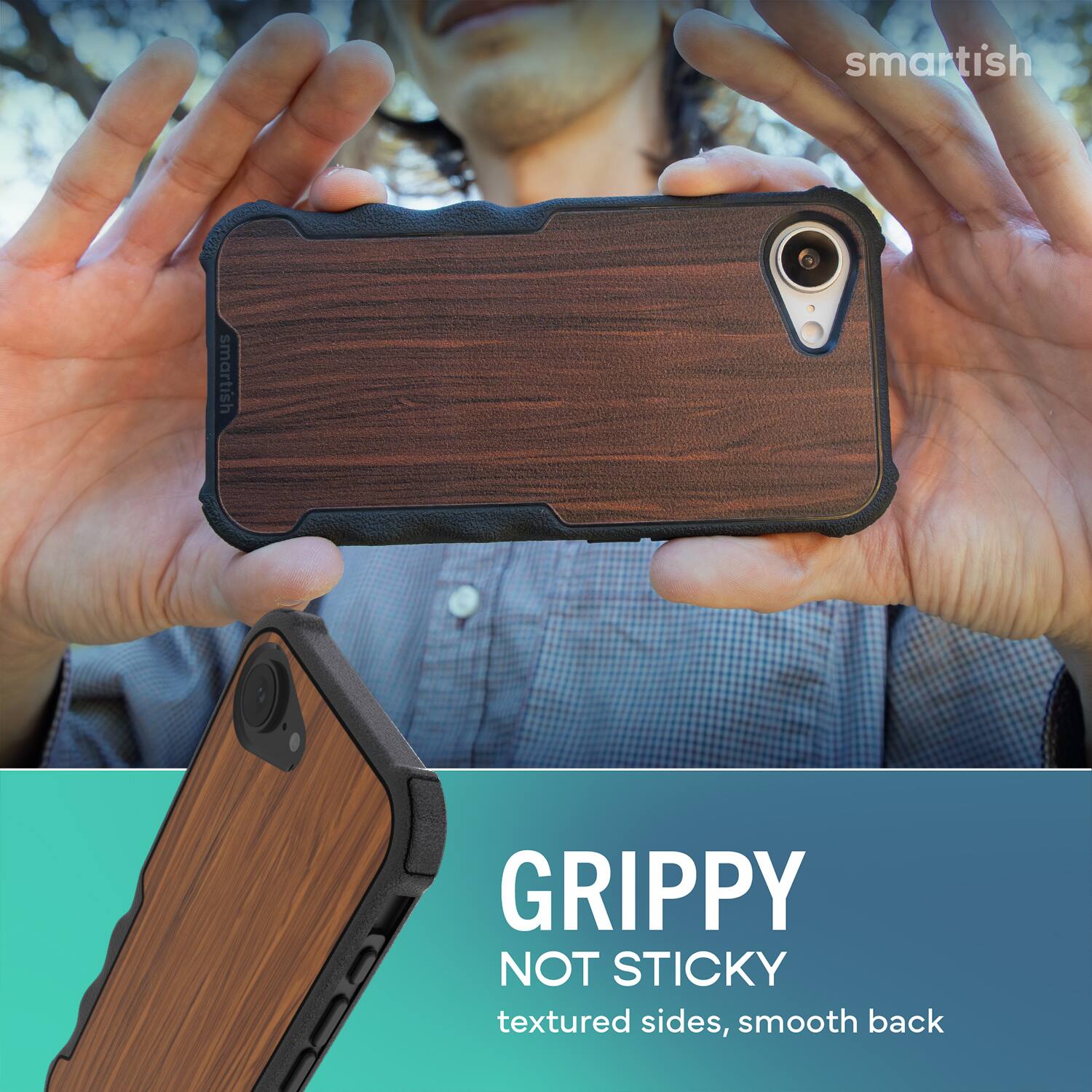 smartish  
GRIPPY NOT STICKY  
textured sides, smooth back