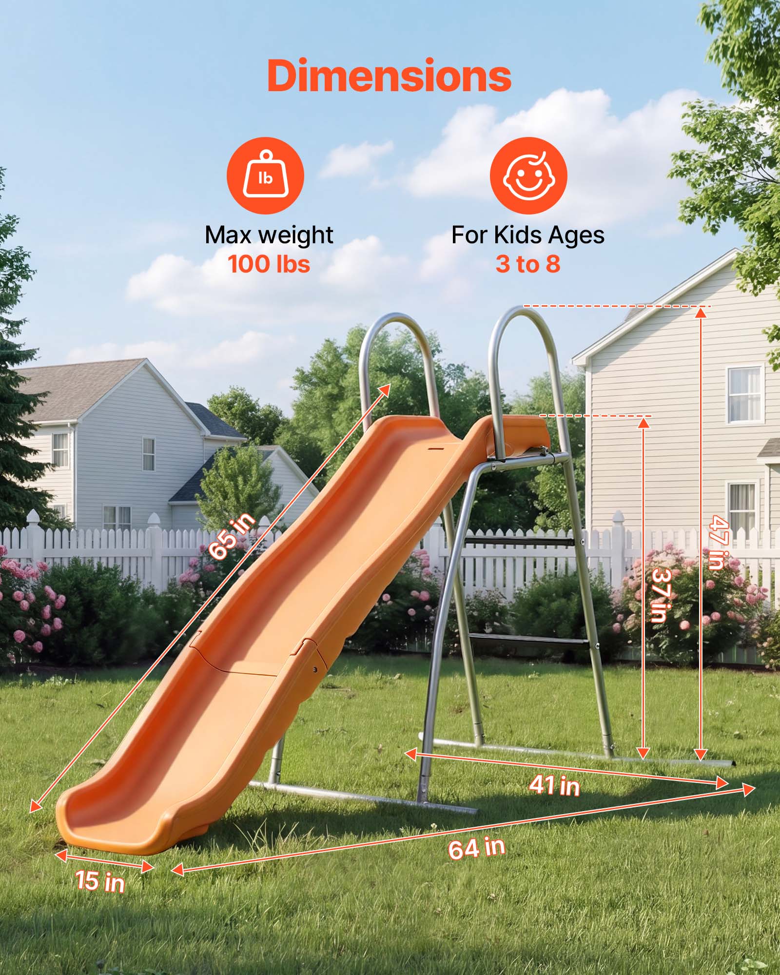 Dimensions:  
- Max weight: 100 lbs  
- For Kids Ages 3 to 8  
- 65 in  
- 37 in  
- 47 in  
- 41 in  
- 15 in  
- 64 in