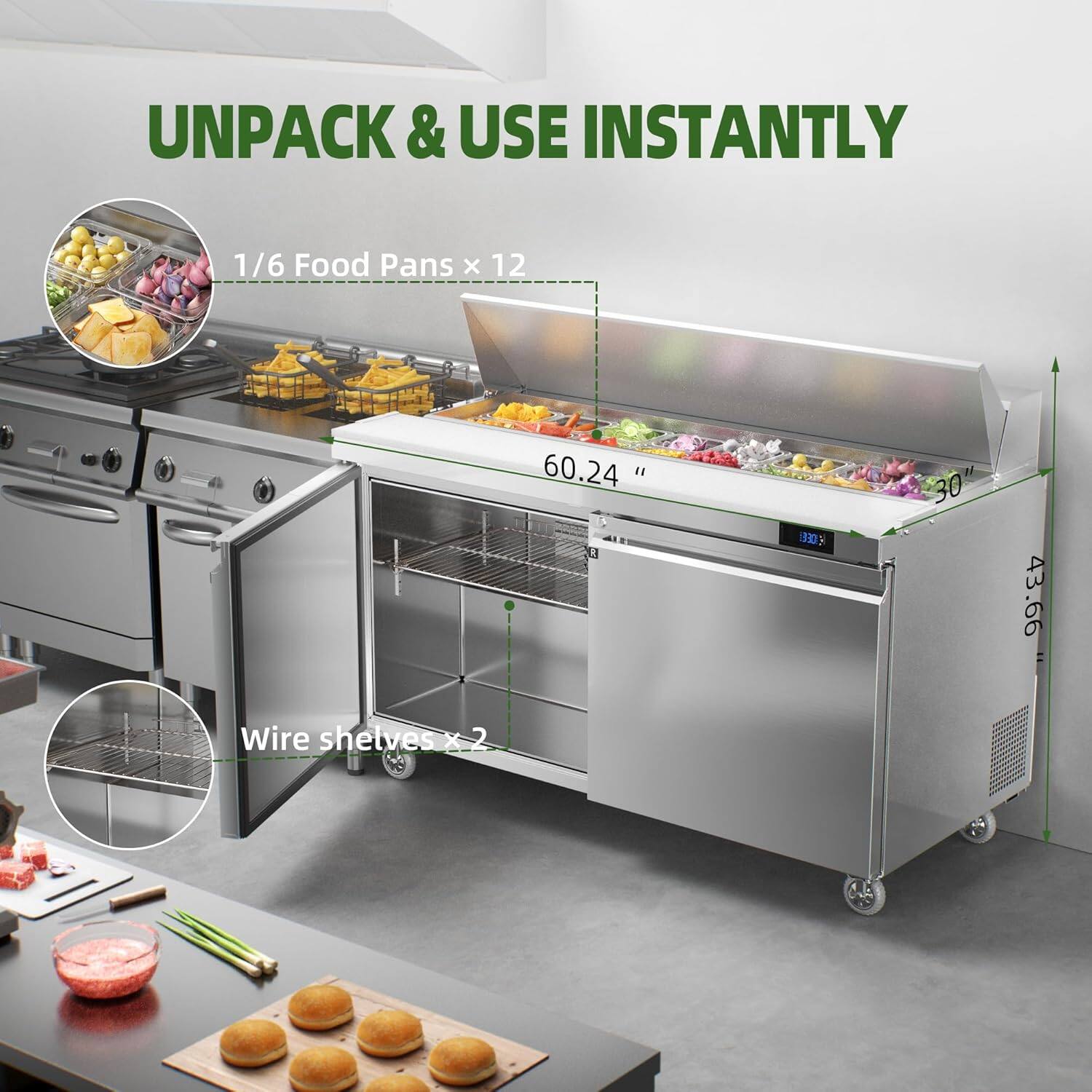 UNPACK & USE INSTANTLY

1/6 Food Pans x 12

60.24" x 30"

Wire shelves x 2

43.66"