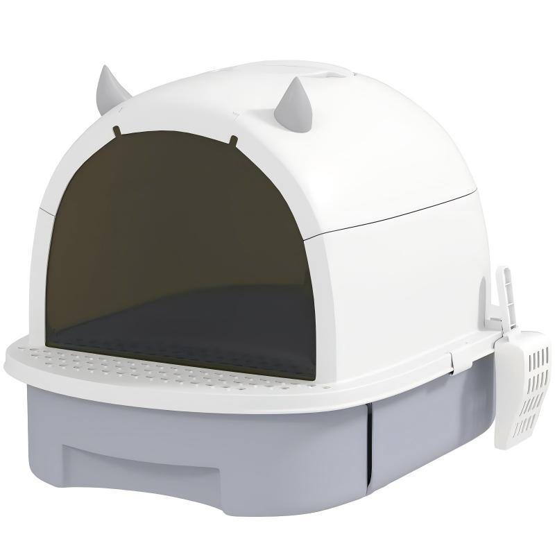 Front. SKONYON - Covered Cat Litter Box with Lid and Scoop - White.